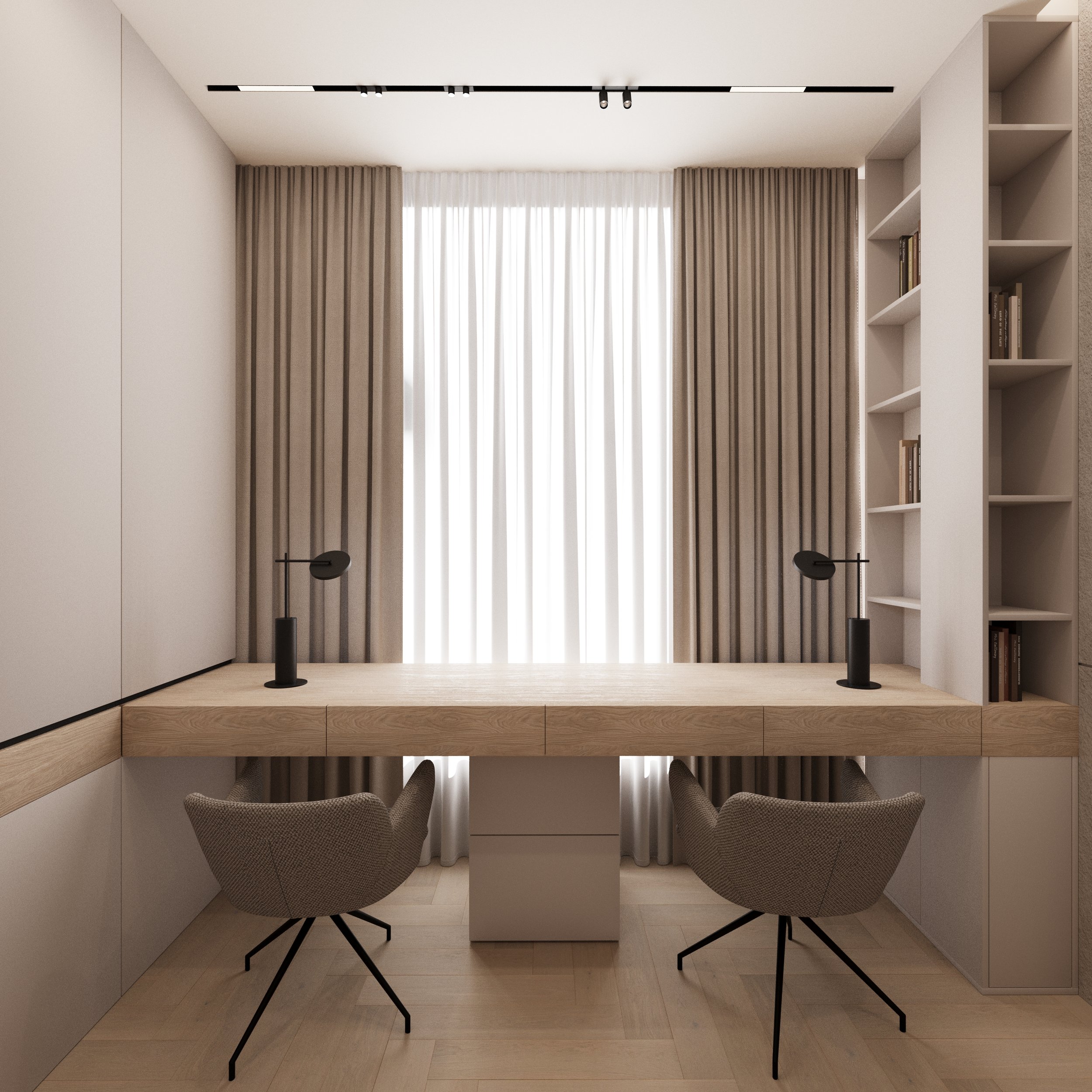 Minimalist home office with wooden desk, two gray chairs, black desk lamps, beige curtains, built-in bookshelf, and natural light.