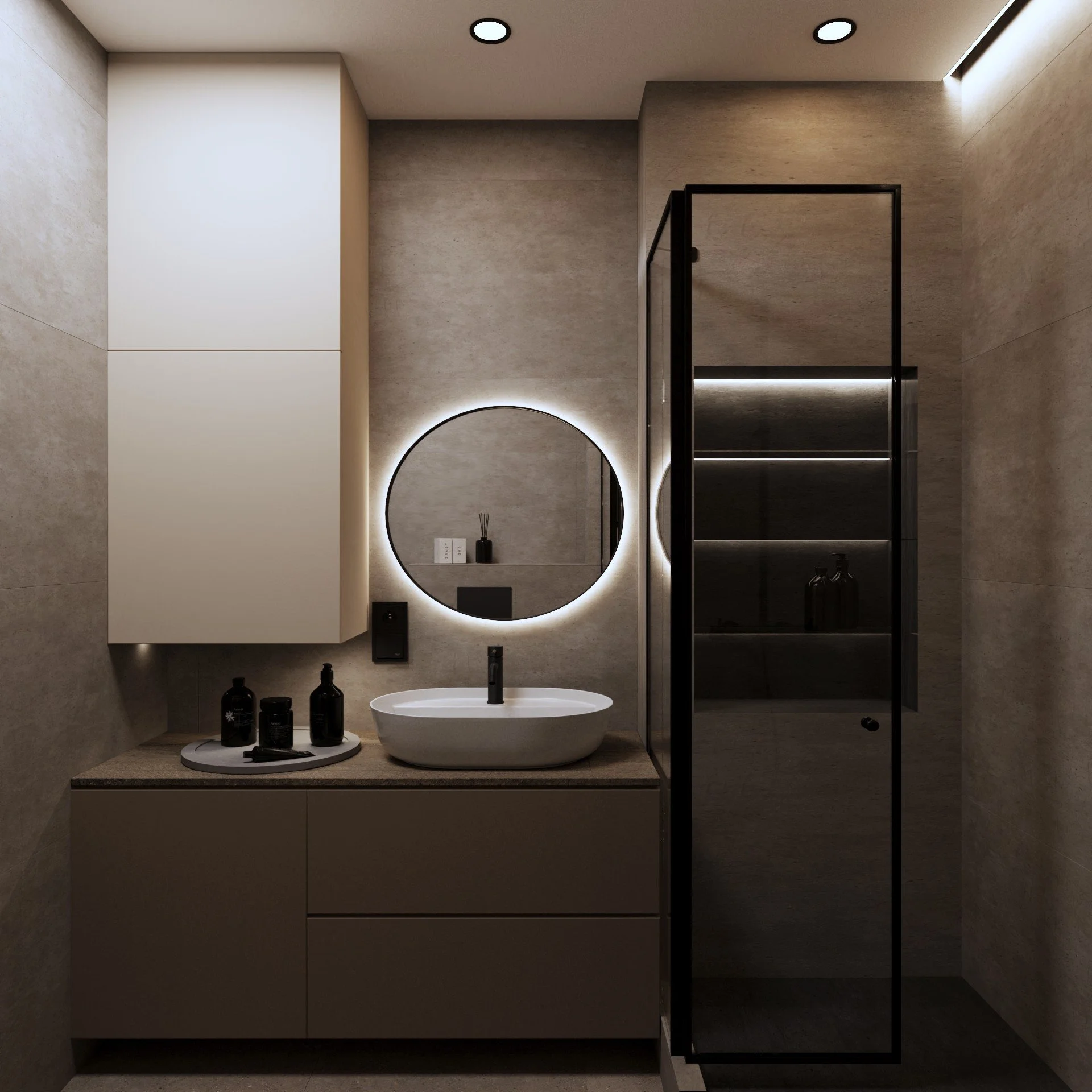 Modern bathroom with beige walls, illuminated round mirror, white countertop sink, black faucet, and a glass shower enclosure.