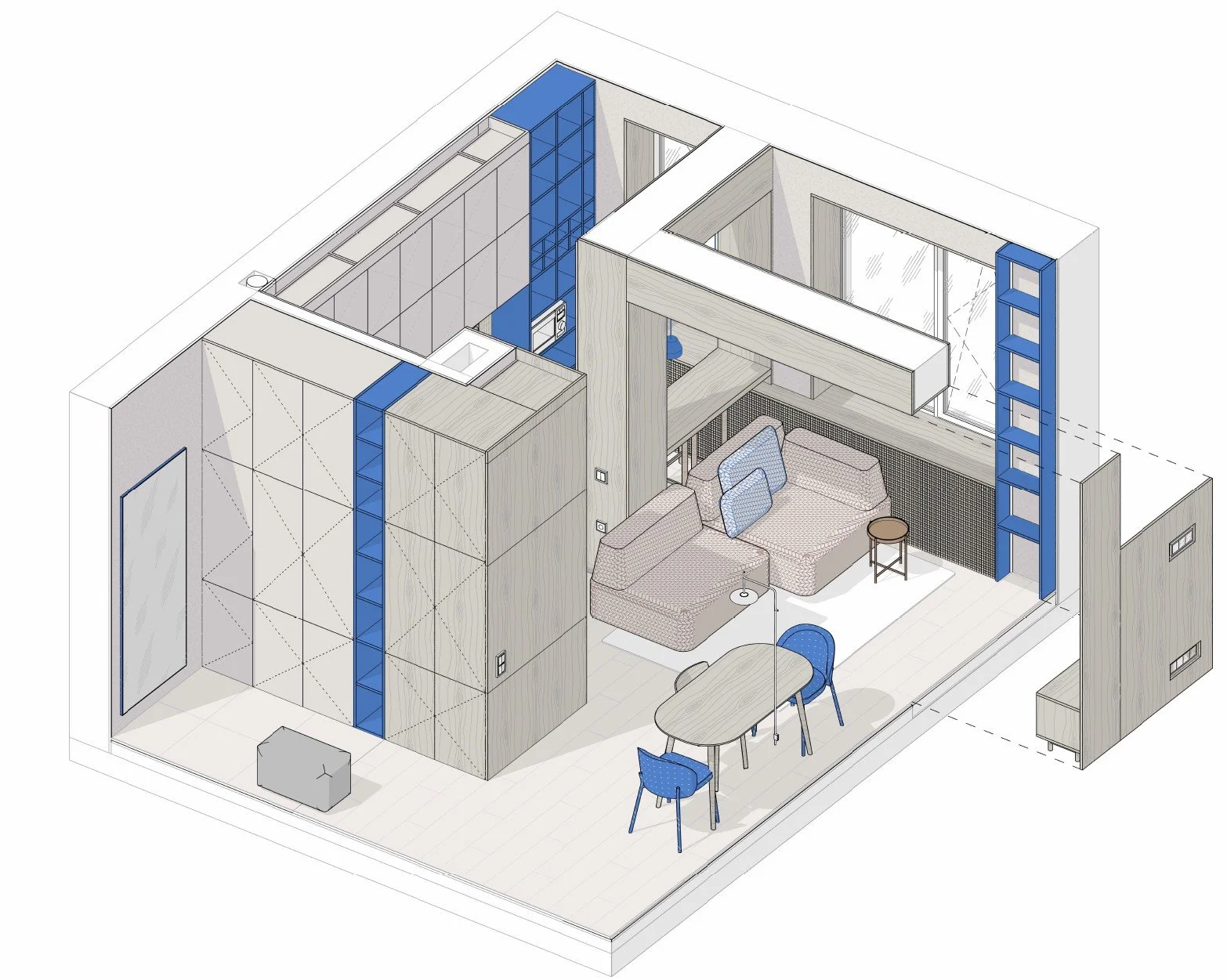 3D rendering of a compact modern apartment with a kitchen, living area, dining table, and blue accents.
