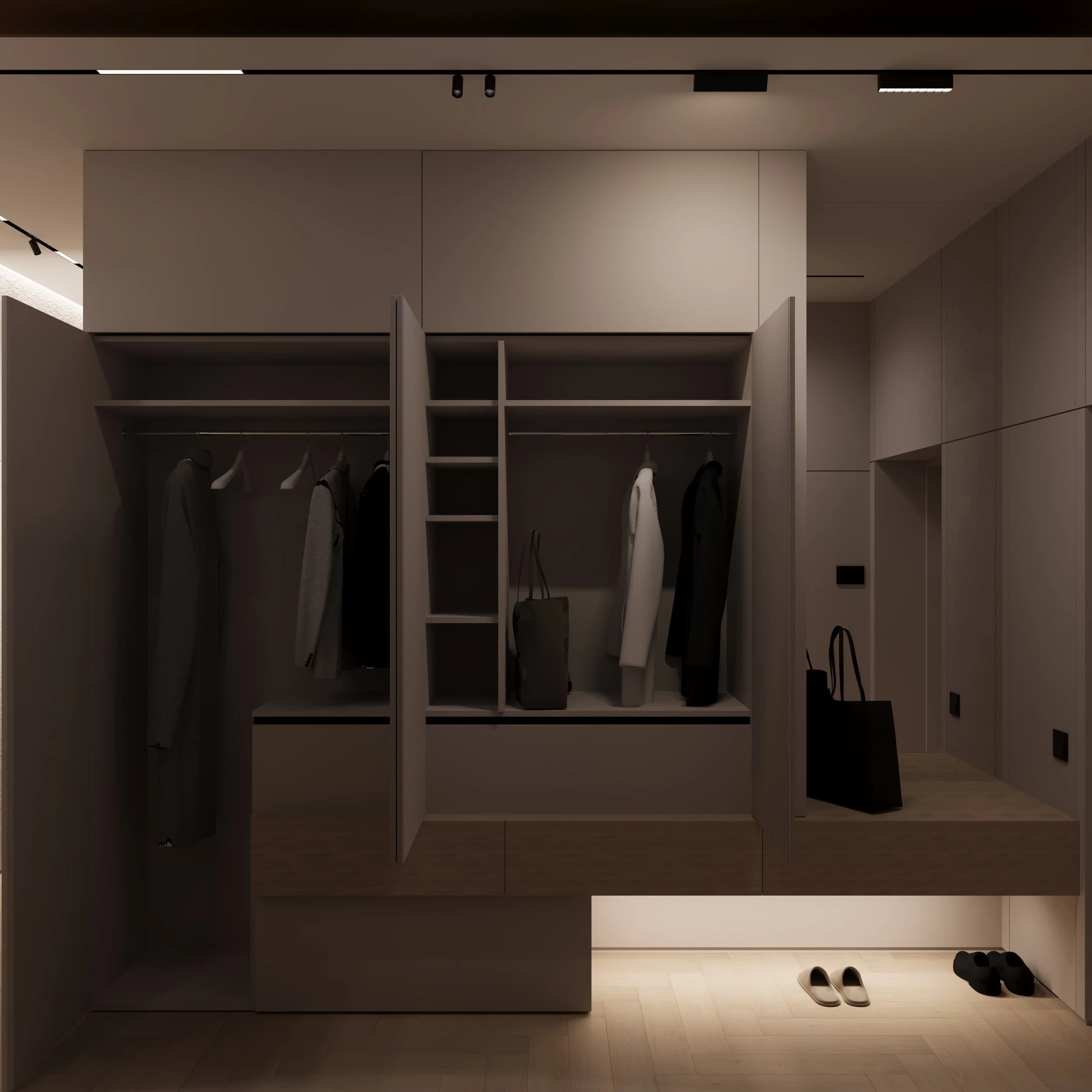 Modern closet with hanging clothes, shelves, and a bench with a bag and shoes underneath.