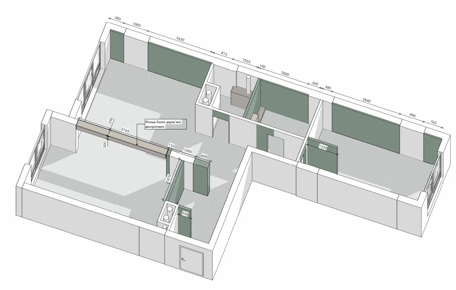 3D floor plan of an interior space with measurements, walls, doors, and furniture placement.