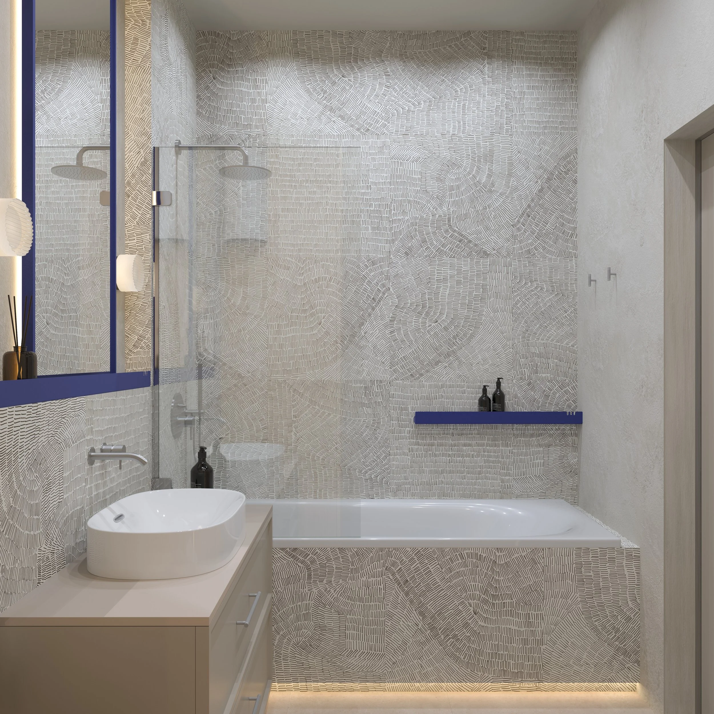 Modern bathroom with textured wall tiles, a white bathtub, a sink with a vanity, and illuminated mirror.