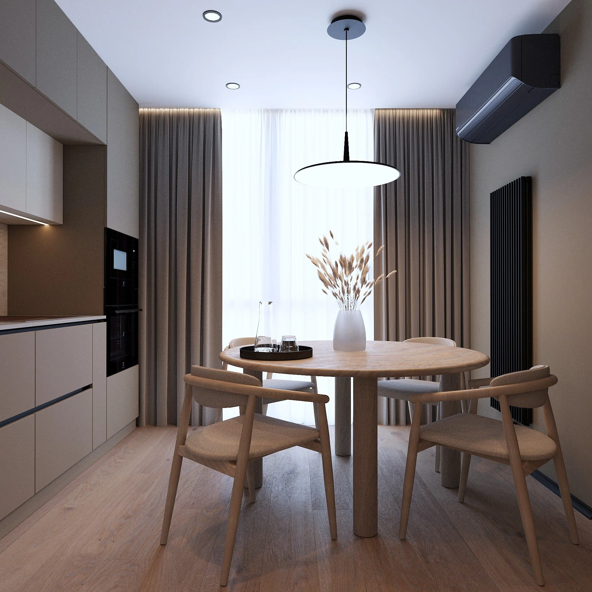 Modern dining room with a round wooden table, four beige chairs, a white vase with dried plants, natural light from large window with sheer curtains, black pendant lamp, and wall-mounted air conditioner.