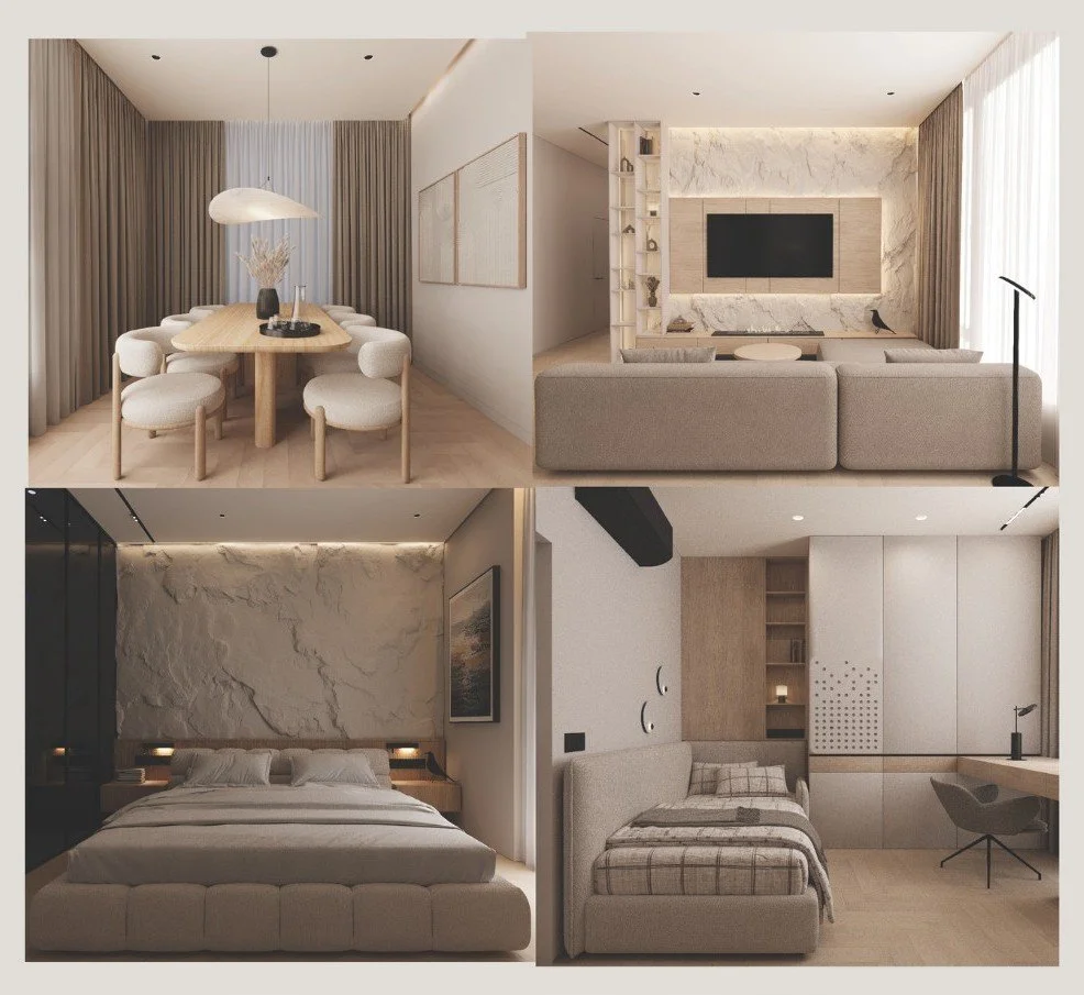 Collage of four modern interior spaces including a dining room, living room, master bedroom, and a bedroom with workspace, all with neutral tones and contemporary design.