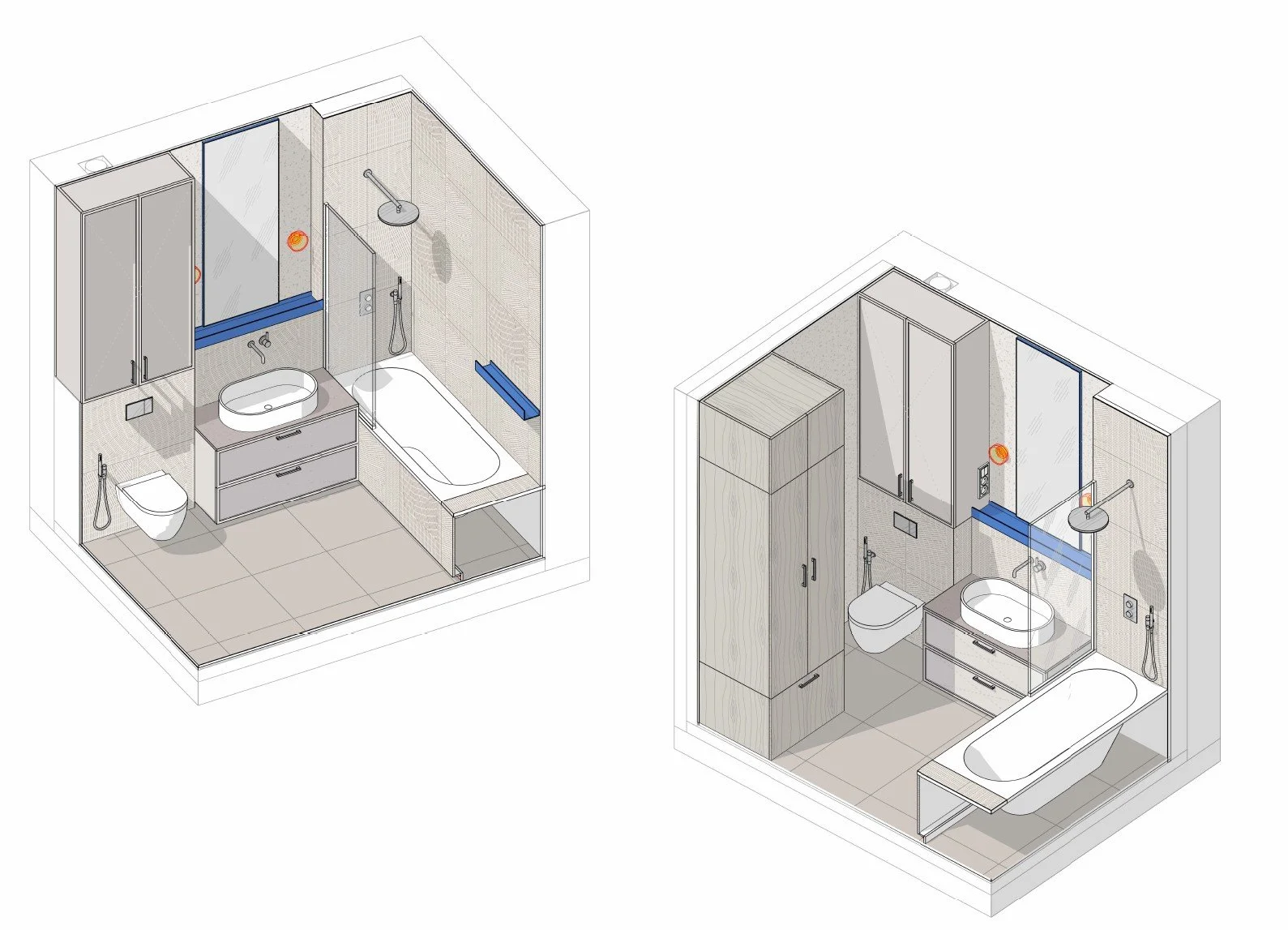Design plans for a modern small bathroom featuring a shower, bathtub, toilet, sink, and storage cabinets in a minimalist style.