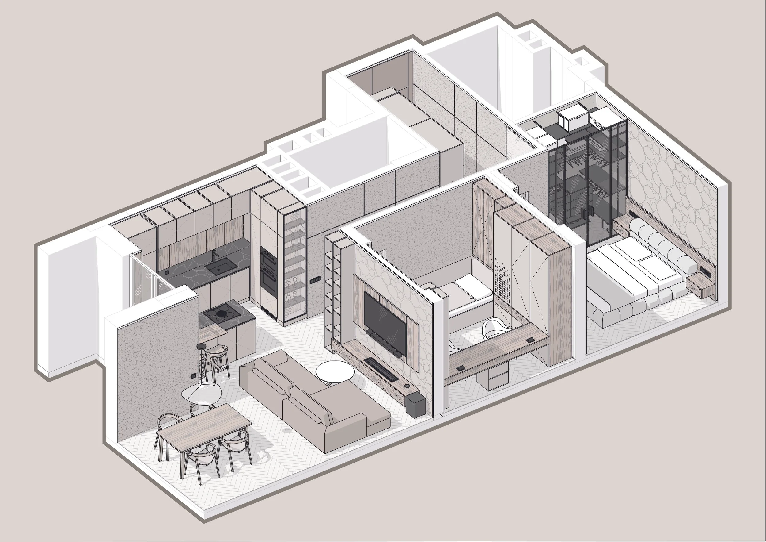 A 3D-rendered digital illustration of a modern apartment with an open-concept living room, kitchen, bedroom, and bathroom, featuring contemporary furniture, a flat-screen TV, and light-colored decor.