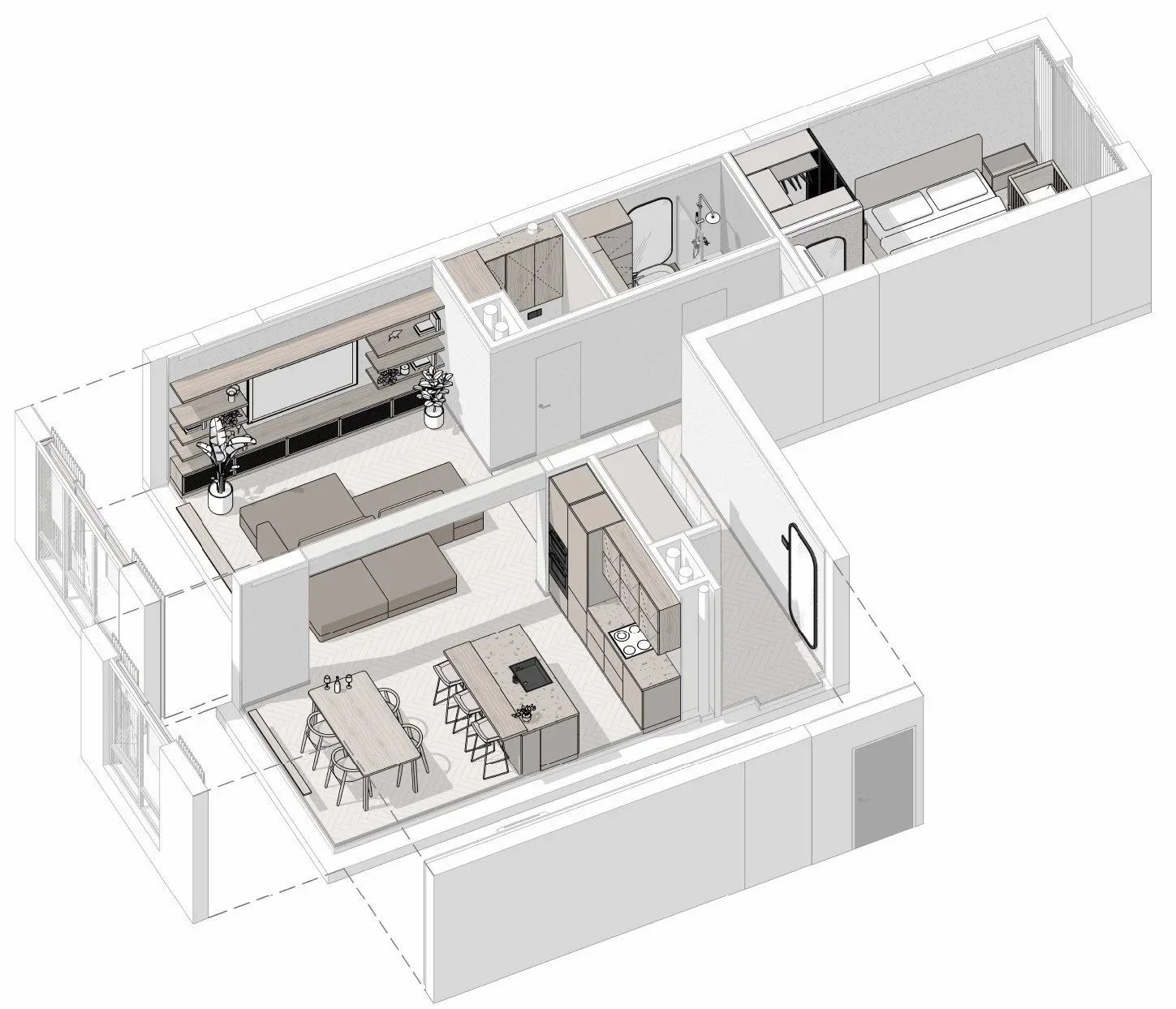 A 3D floor plan of a modern apartment with a living room, kitchen, dining area, bathroom, and bedroom layout.