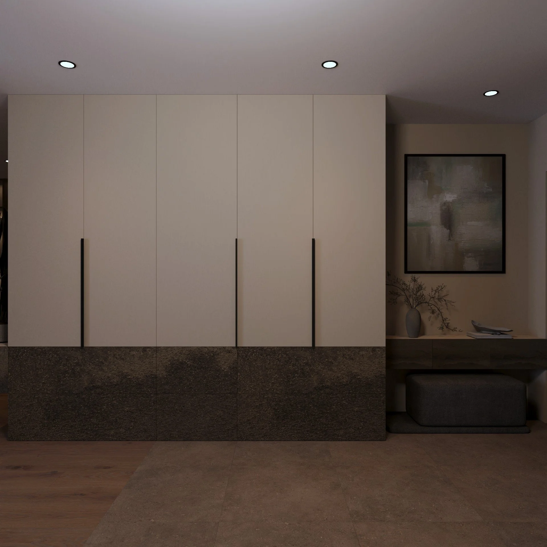 Interior of a modern living space with beige wardrobe, framed abstract art, and decorative items on a side table.