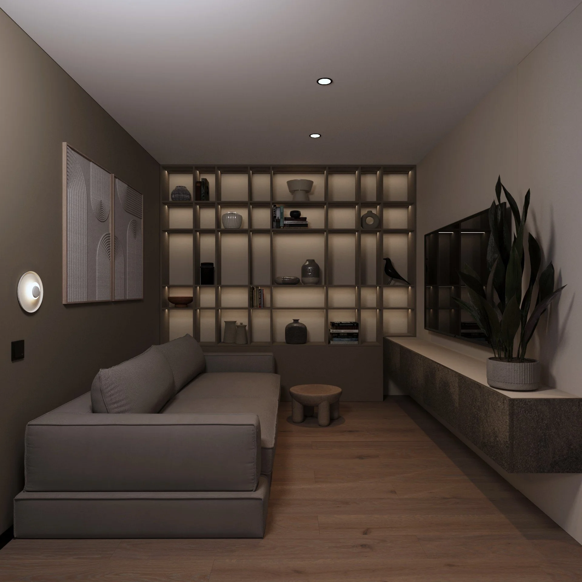 A modern living room with a gray sofa, small round wooden stool, wall-mounted TV, large potted plant, and a built-in backlit shelving unit with decorative items.