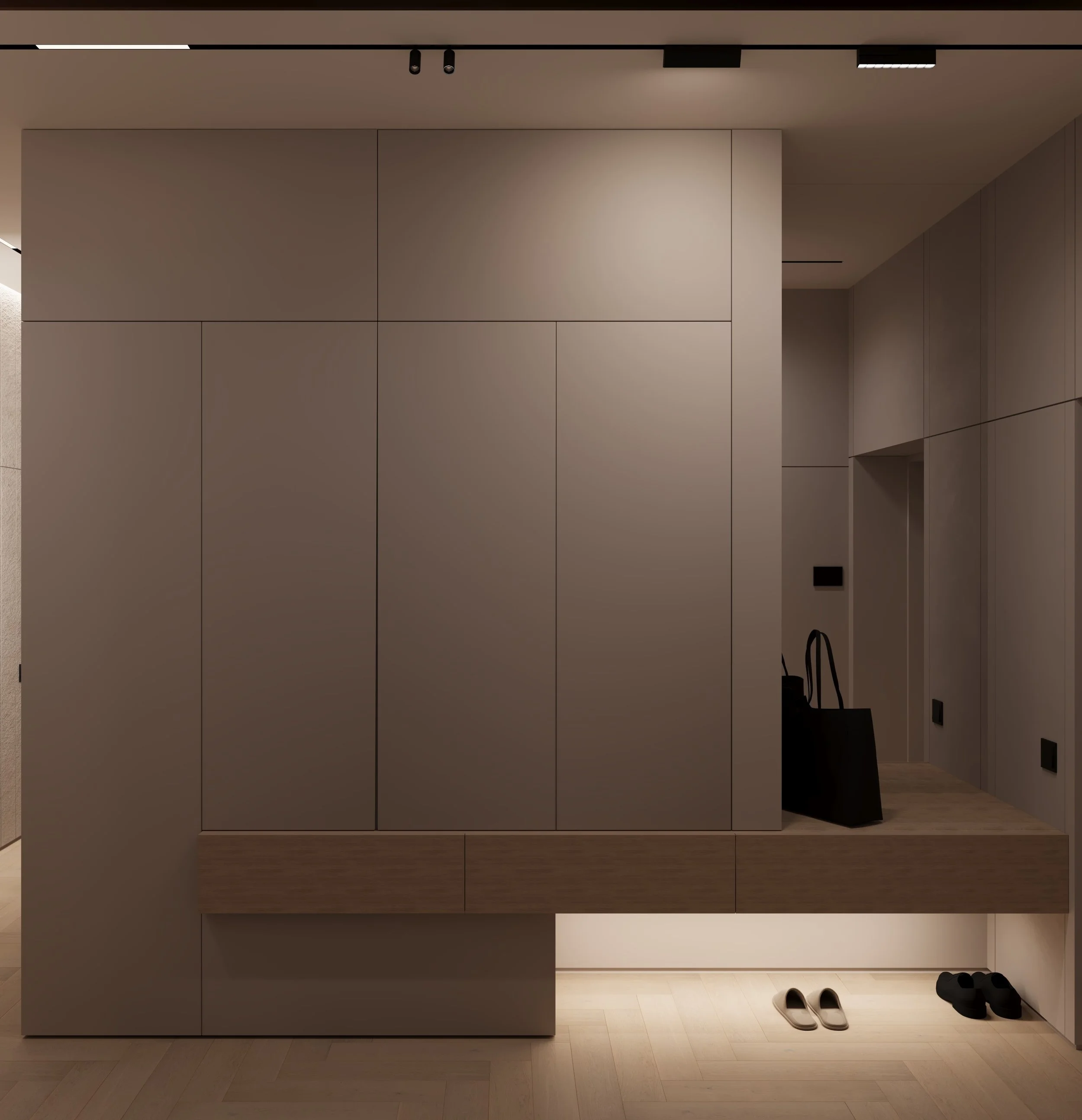 Modern hallway with beige and wood-paneled walls, a wooden bench, and black shopping bags and shoes on the floor.