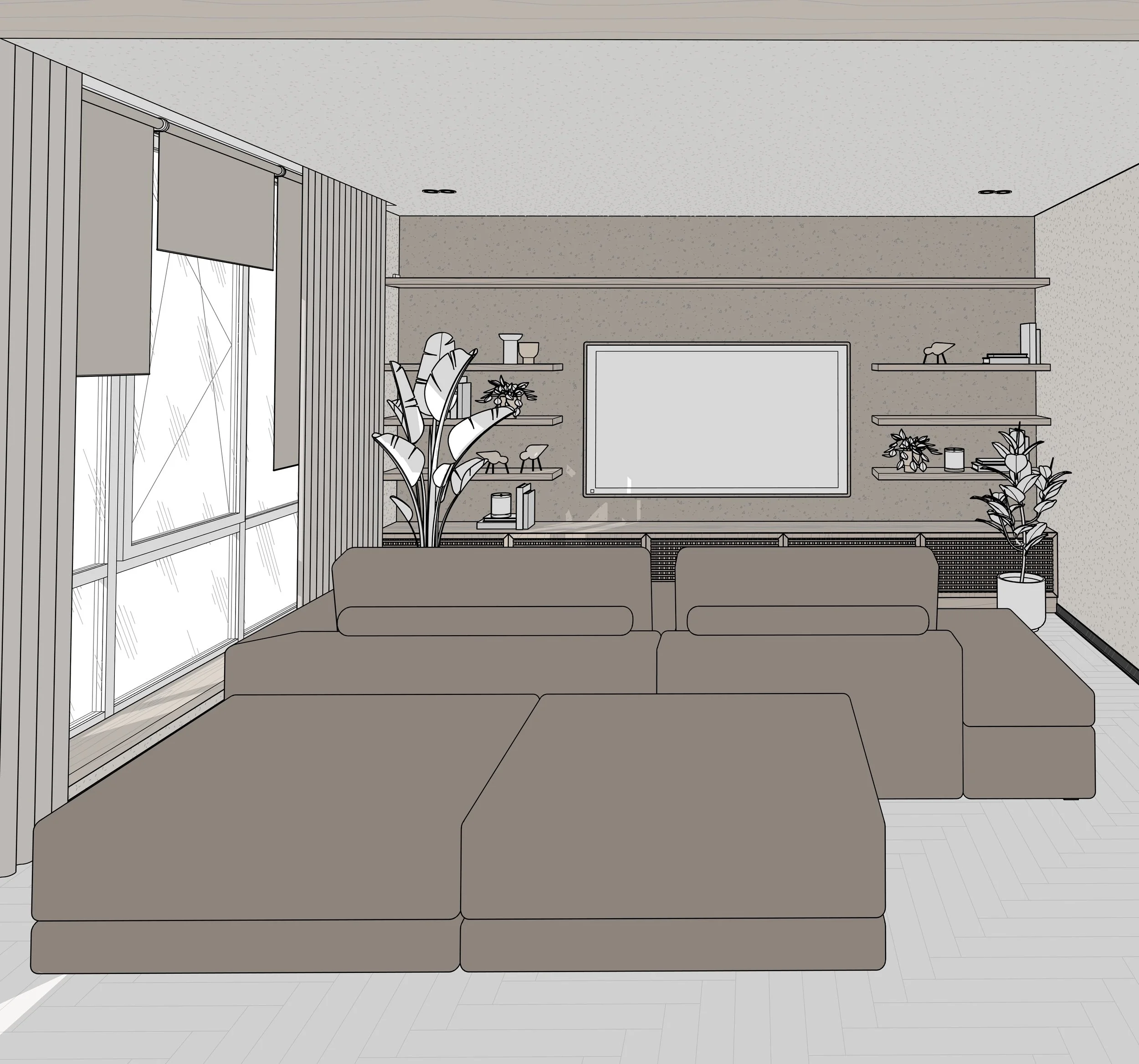 Illustration of a modern living room with a large sectional sofa, wall-mounted TV, and floating shelves with decorative items. Large windows with curtains are on the left side, and there are indoor plants near the window and on the right side.