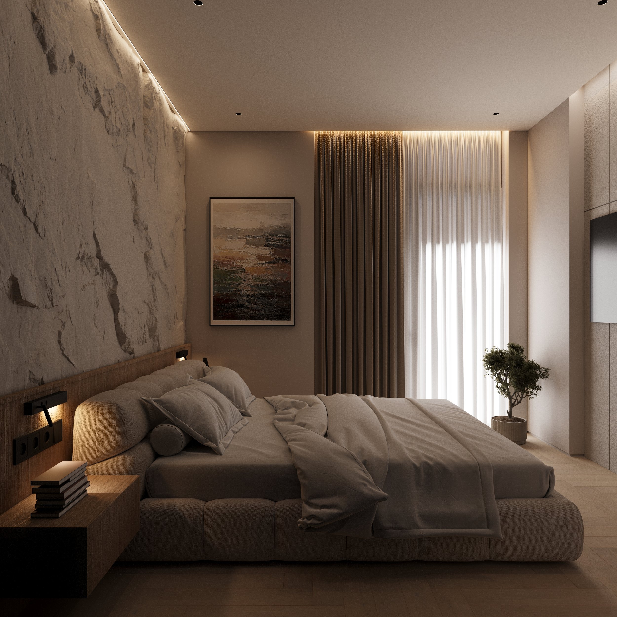 Modern bedroom with textured stone accent wall, cream-colored bed with pillows, bedside table with books, large window with beige and brown curtains, and potted plant near window.