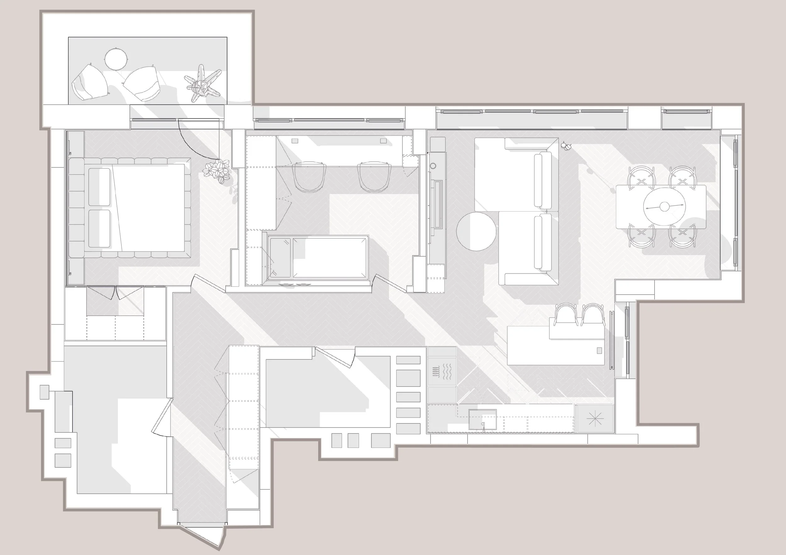 Floor plan of a residential apartment with bedrooms, living room, dining area, and kitchen.