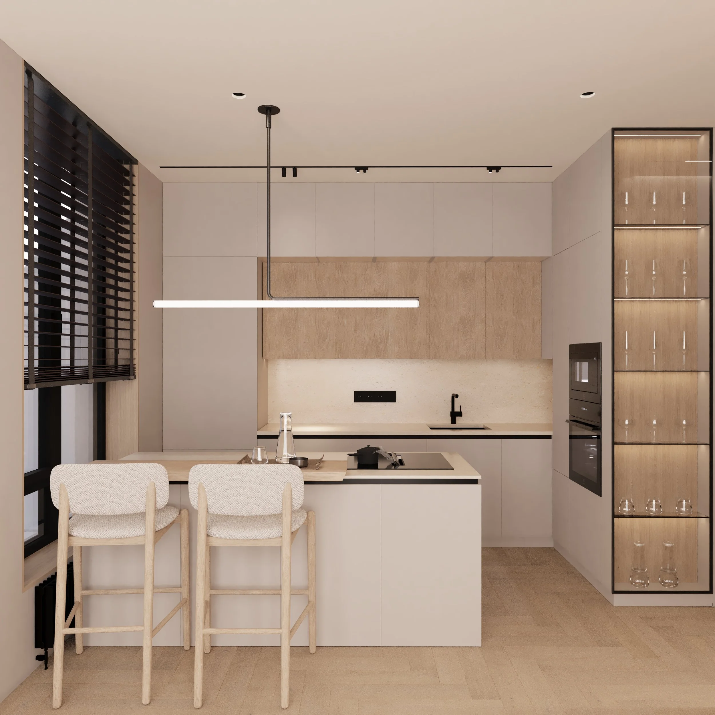 Modern kitchen with white cabinets, black faucet, black stovetop, wooden accents, and bar seating with two beige chairs.