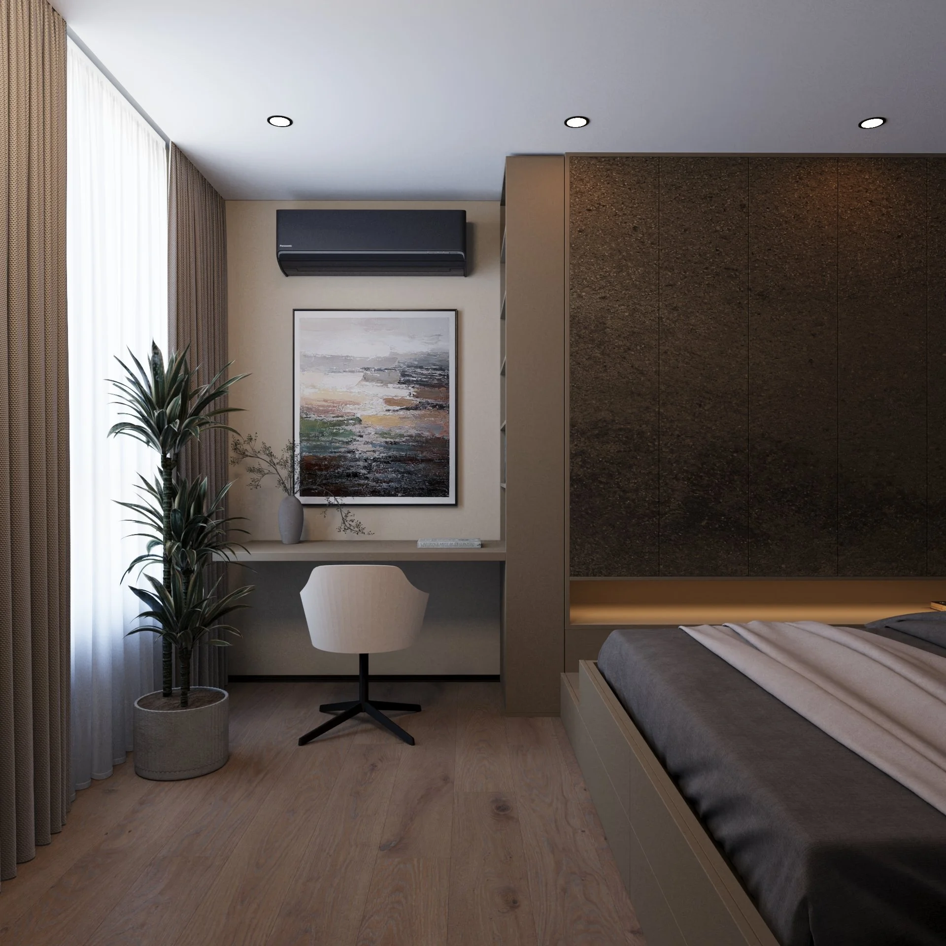 Modern bedroom with a bed, a desk with a chair, a large artwork on the wall, and a potted plant near a window with curtains.