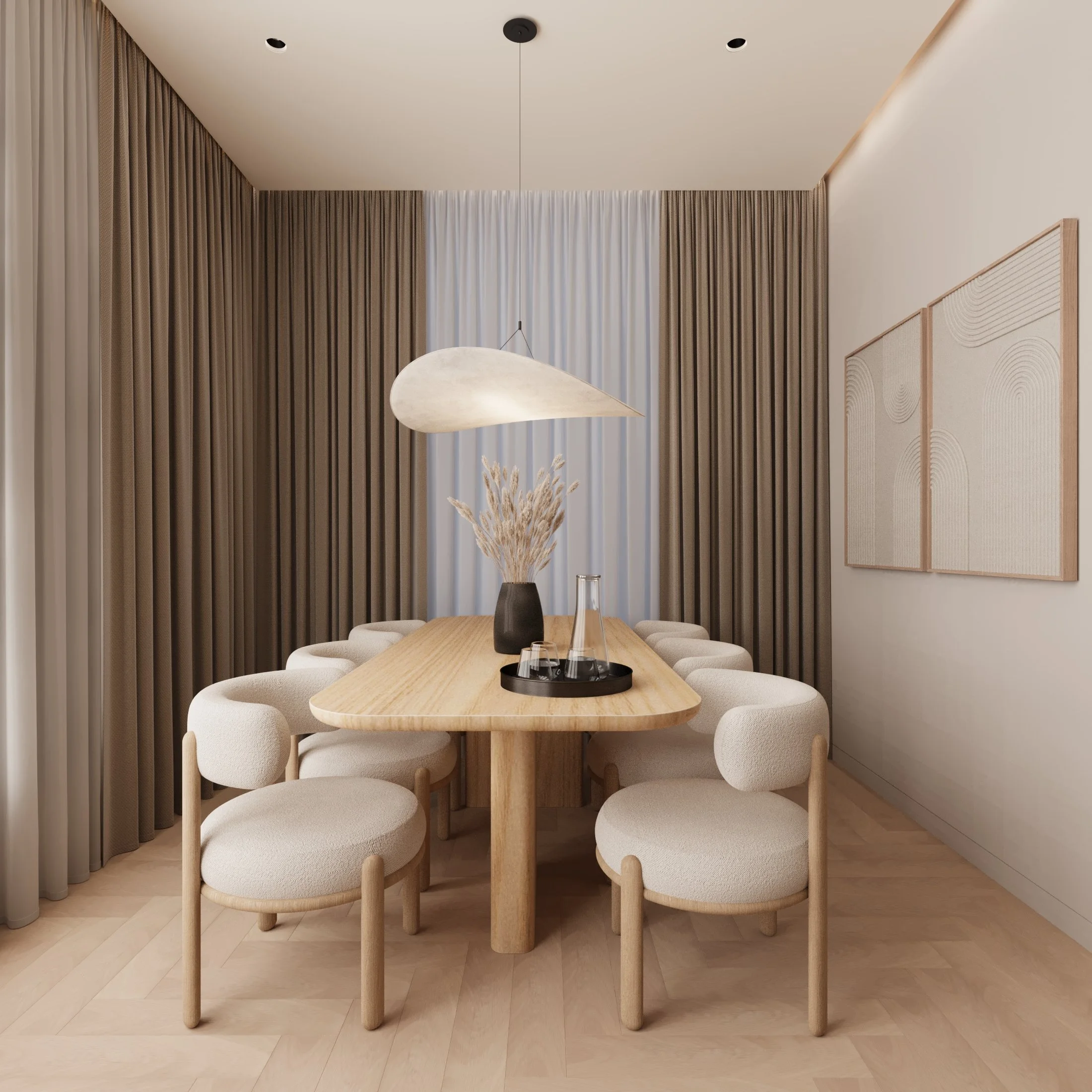 Modern dining room with a wooden table surrounded by beige padded chairs, a black vase with dried flowers, and minimalist wall art, with floor-to-ceiling curtains and a unique hanging light fixture.