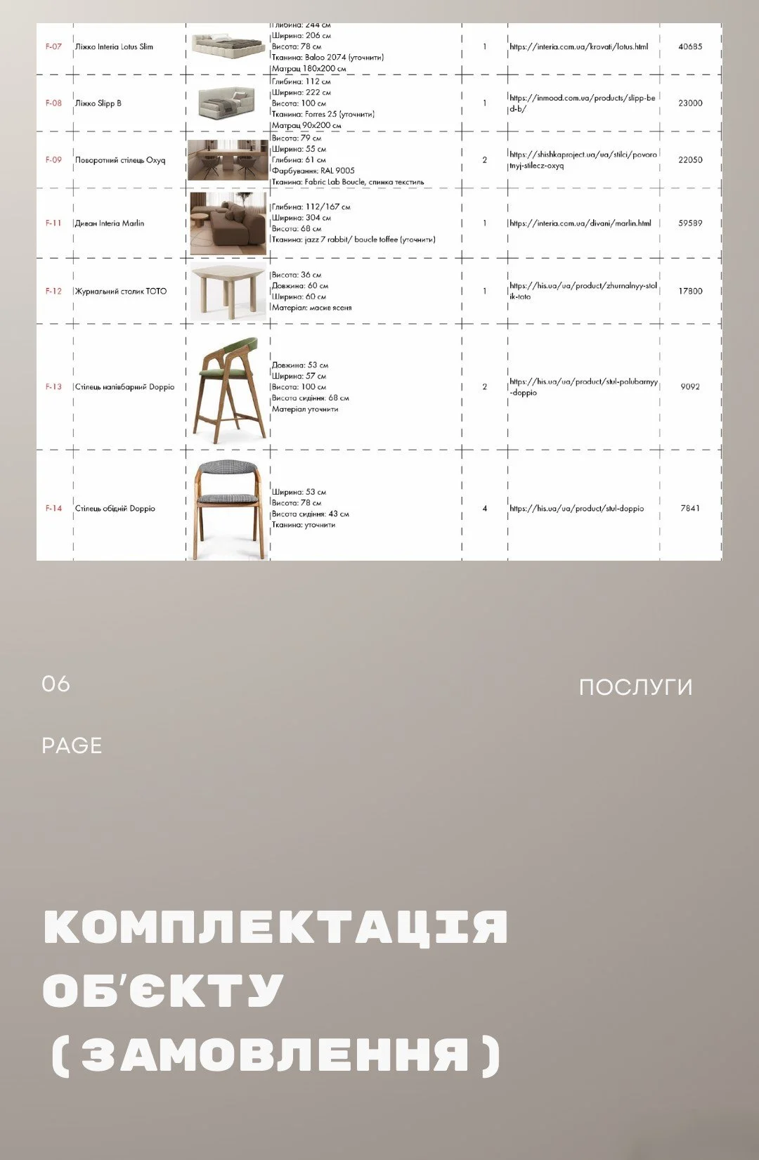 A catalog page listing various furniture items with their dimensions, descriptions, and links, including sofas, tables, and chairs.