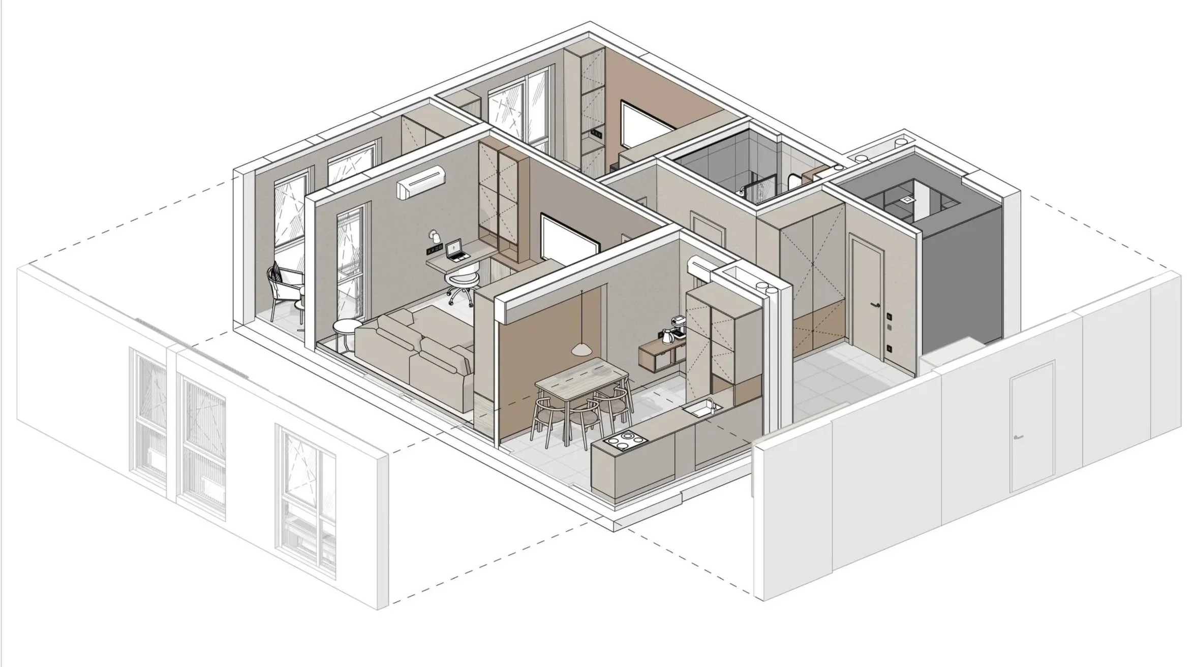 A 3D floor plan of a modern apartment showing the layout of rooms, including a living room, kitchen, dining area, bedroom, bathroom, and hallway.