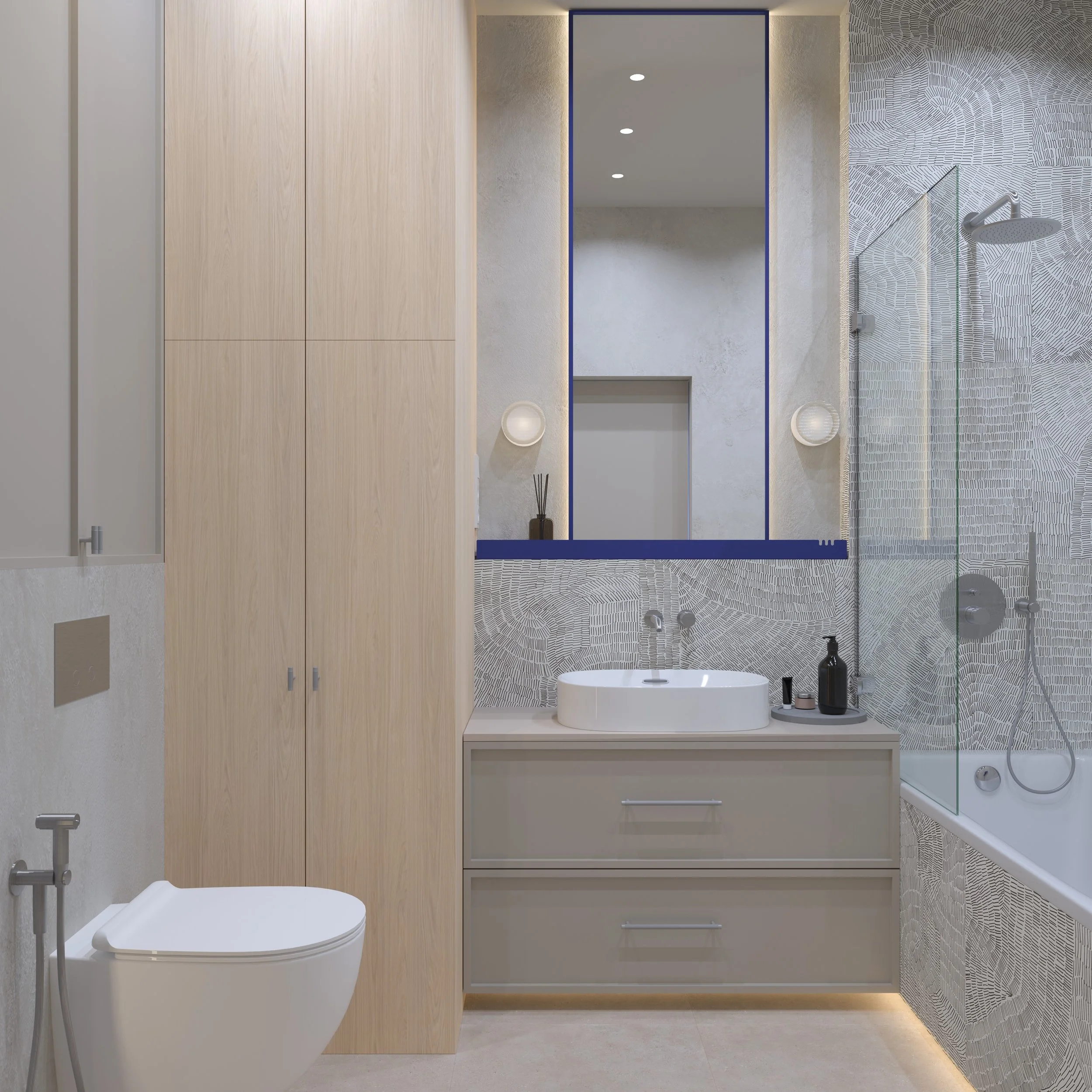 Modern bathroom with beige cabinetry, a white countertop, and a circular vessel sink, with a large mirror and a shower area enclosed with glass, patterned tile walls, and a rainfall showerhead.