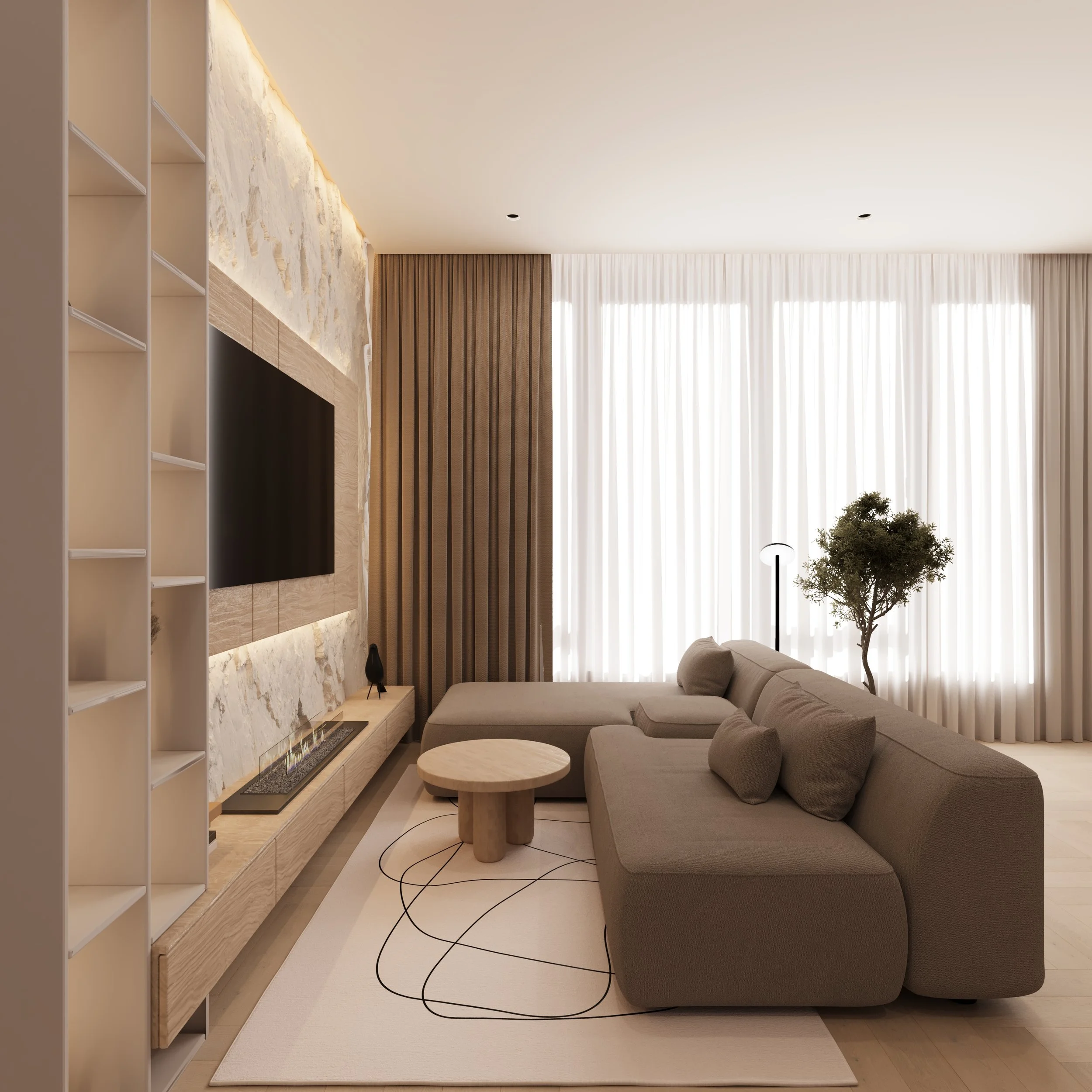Modern living room with beige sectional sofa, round wooden coffee table, built-in fireplace, large window with white and brown curtains, potted plant, and flat-screen TV on textured wall.