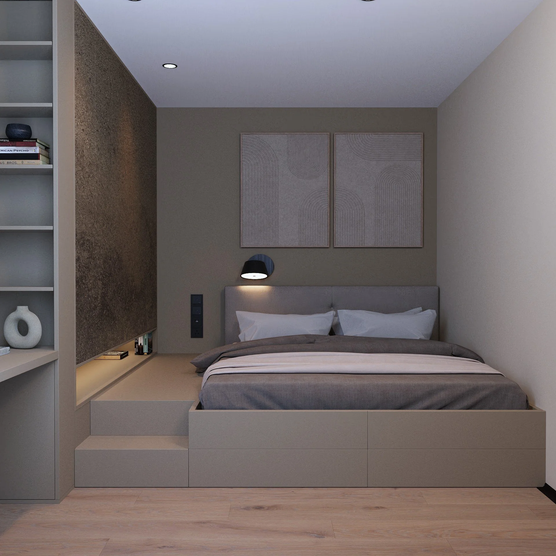 Modern bedroom with gray bed, artwork above, built-in shelves on the side, and soft lighting.