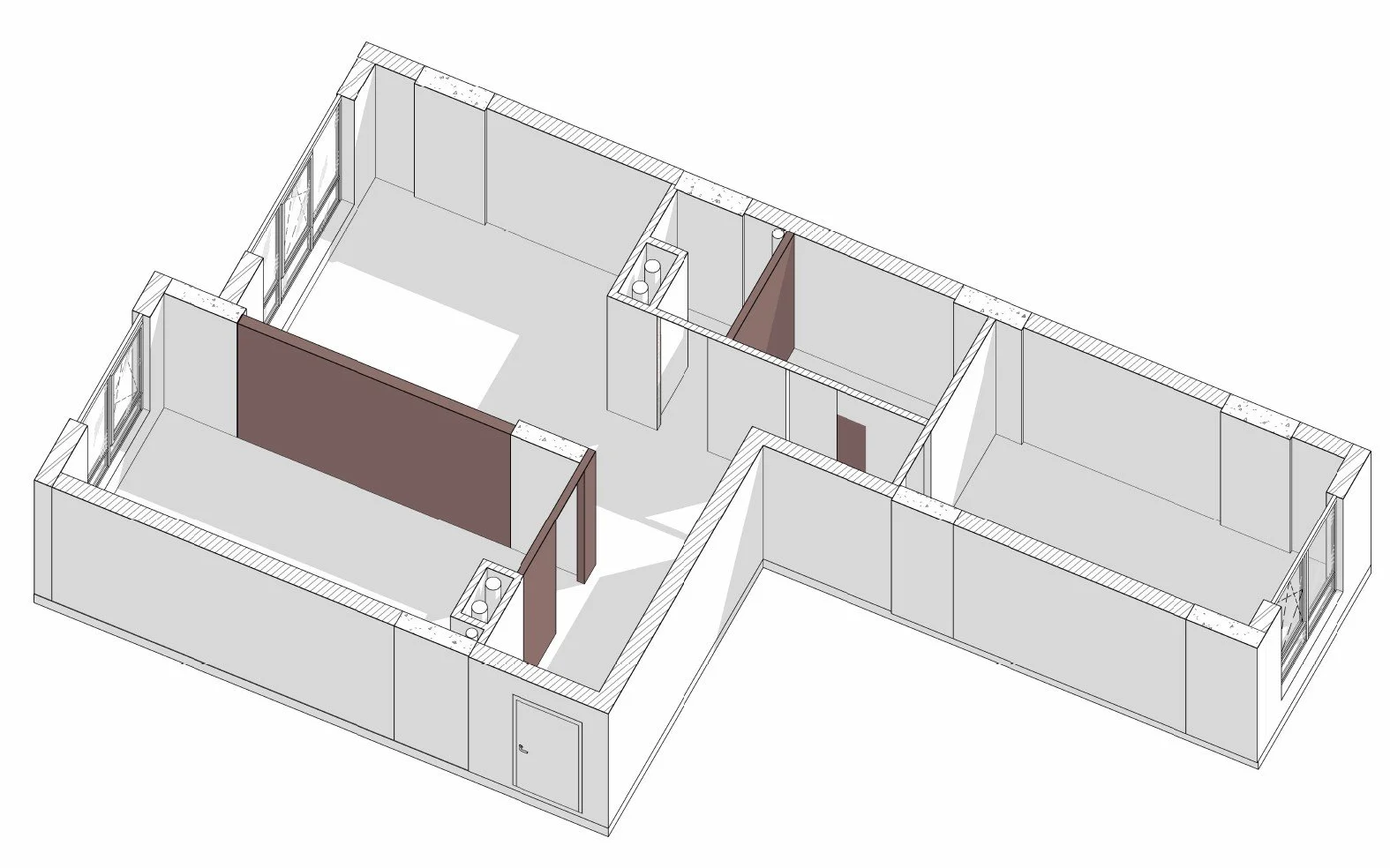 3D floor plan of an office or studio space with partition walls, windows, and doors, showing interior layout and room divisions.