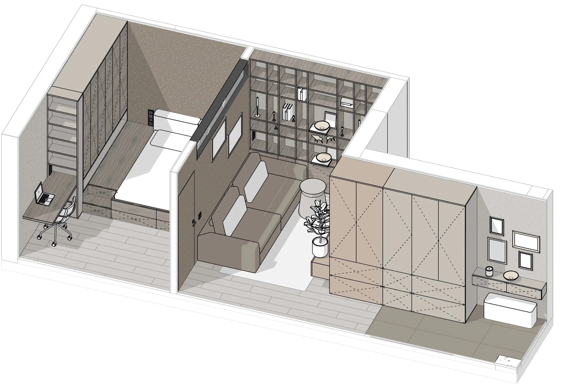 Isometric view of a modern studio apartment with a bedroom area, a living space, a bathroom behind a glass partition, and a small workspace with a laptop.
