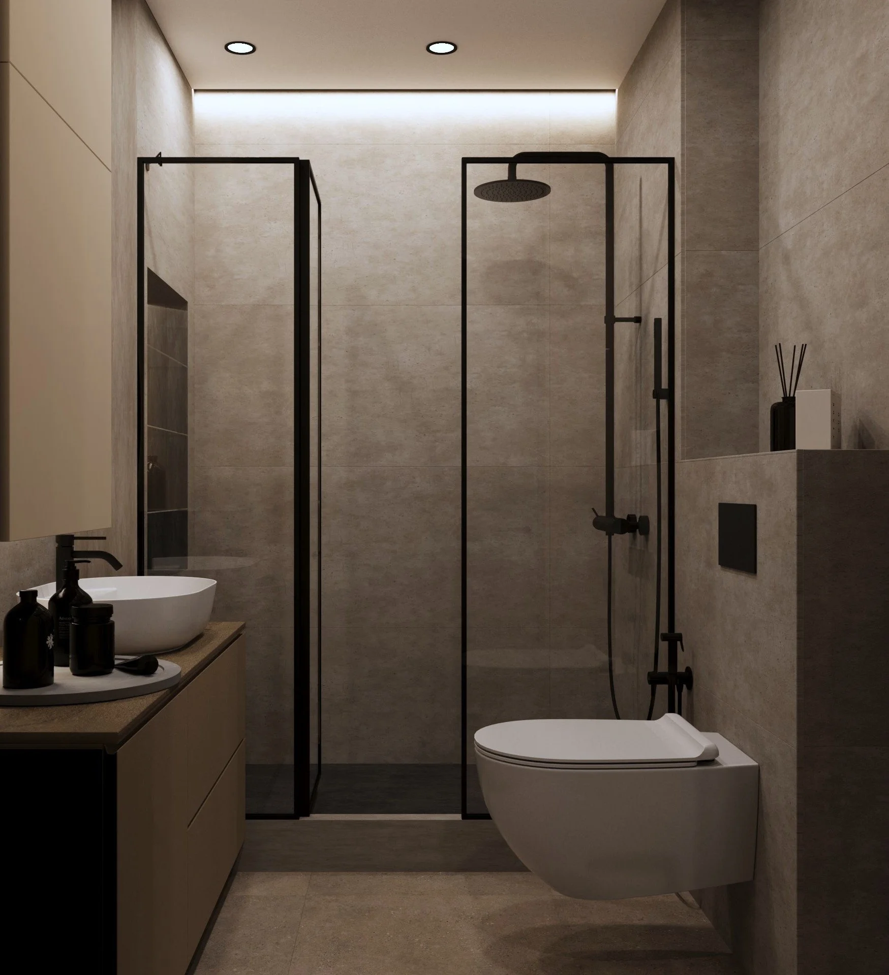 Modern bathroom with walk-in shower, wall-mounted toilet, and sink with black accessories.
