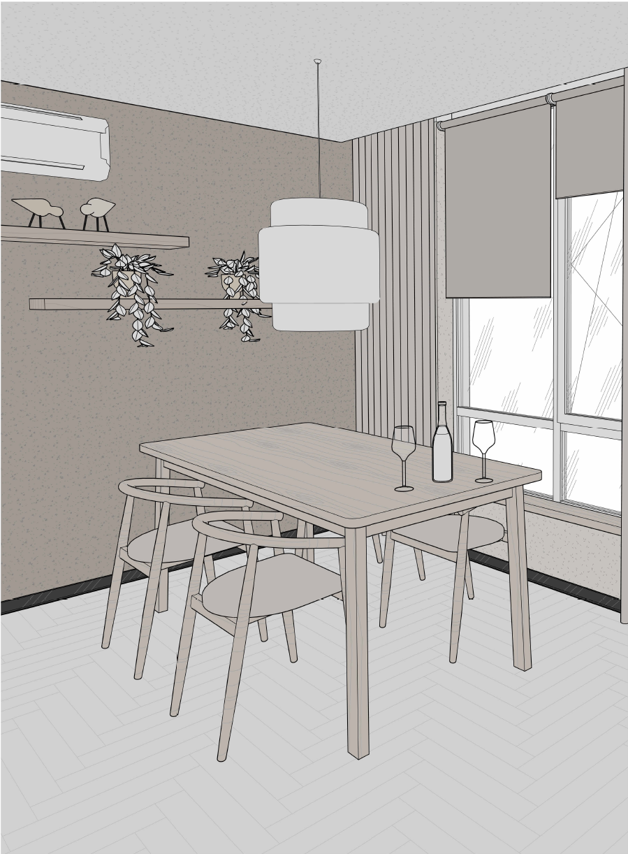 A minimalist dining room with a rectangular wooden table, four chairs, a large window with blinds, a hanging lamp, and decorative plants on a wall-mounted shelf.