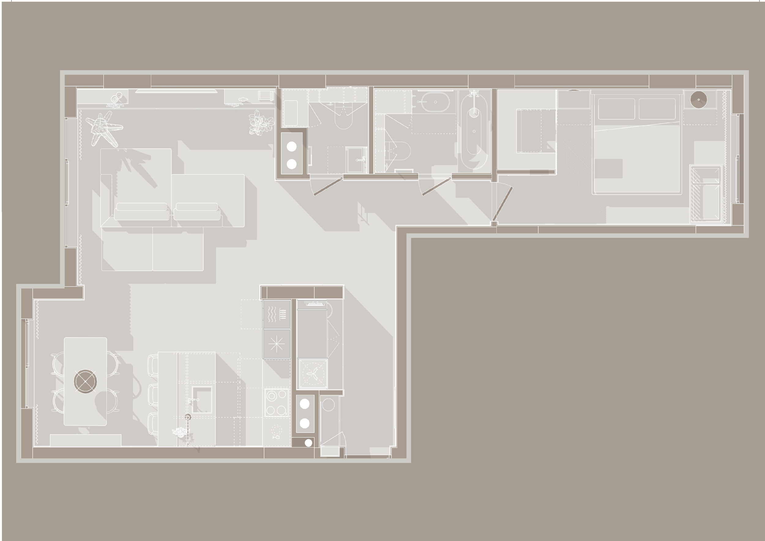 Floor plan of an apartment with living room, kitchen, dining area, bathroom, and bedroom.