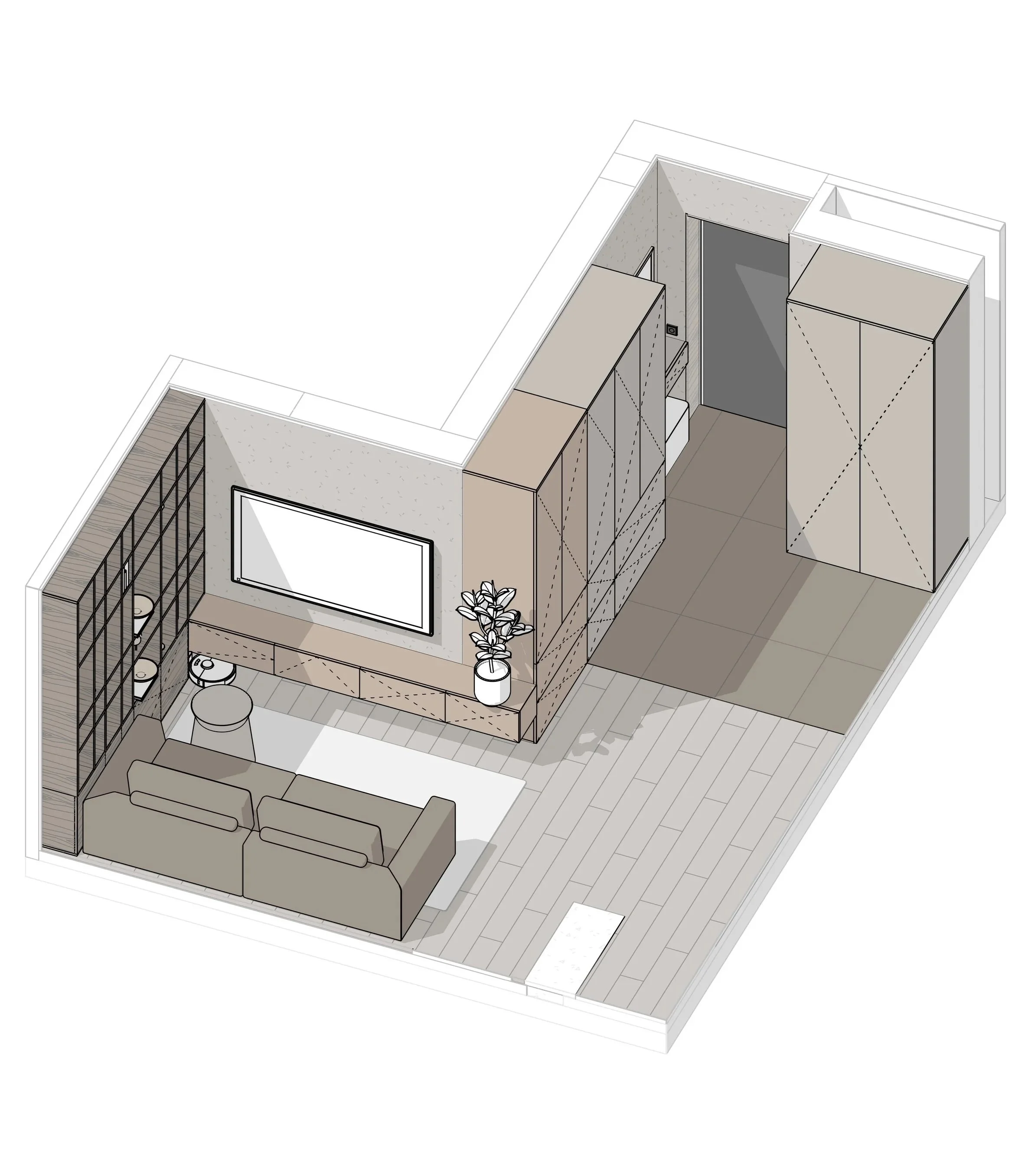 3D render of a compact living area featuring a sofa, TV, coffee table, storage cabinets, a potted plant, and a small entrance area with tiled flooring.