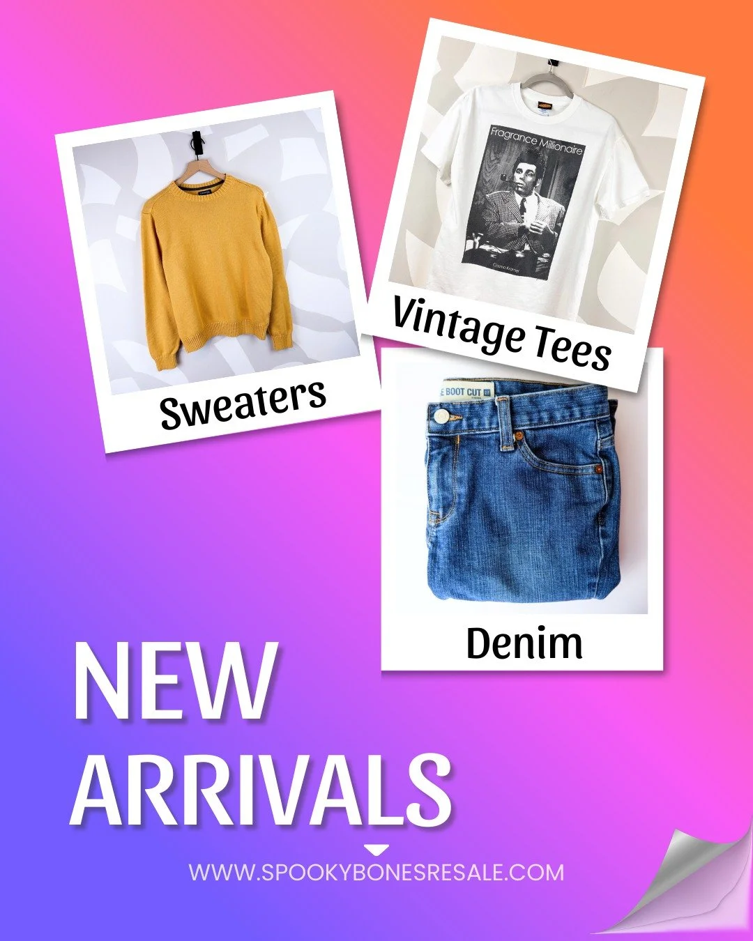 New clients means new inventory! Check in with SpookyBonesResale.com to see our new selection of sweaters, denim, and vintage tees! New items every day (there are some BEAUTIFUL pieces from Athleta, J. Crew, and Calvin Klein coming later this week!),