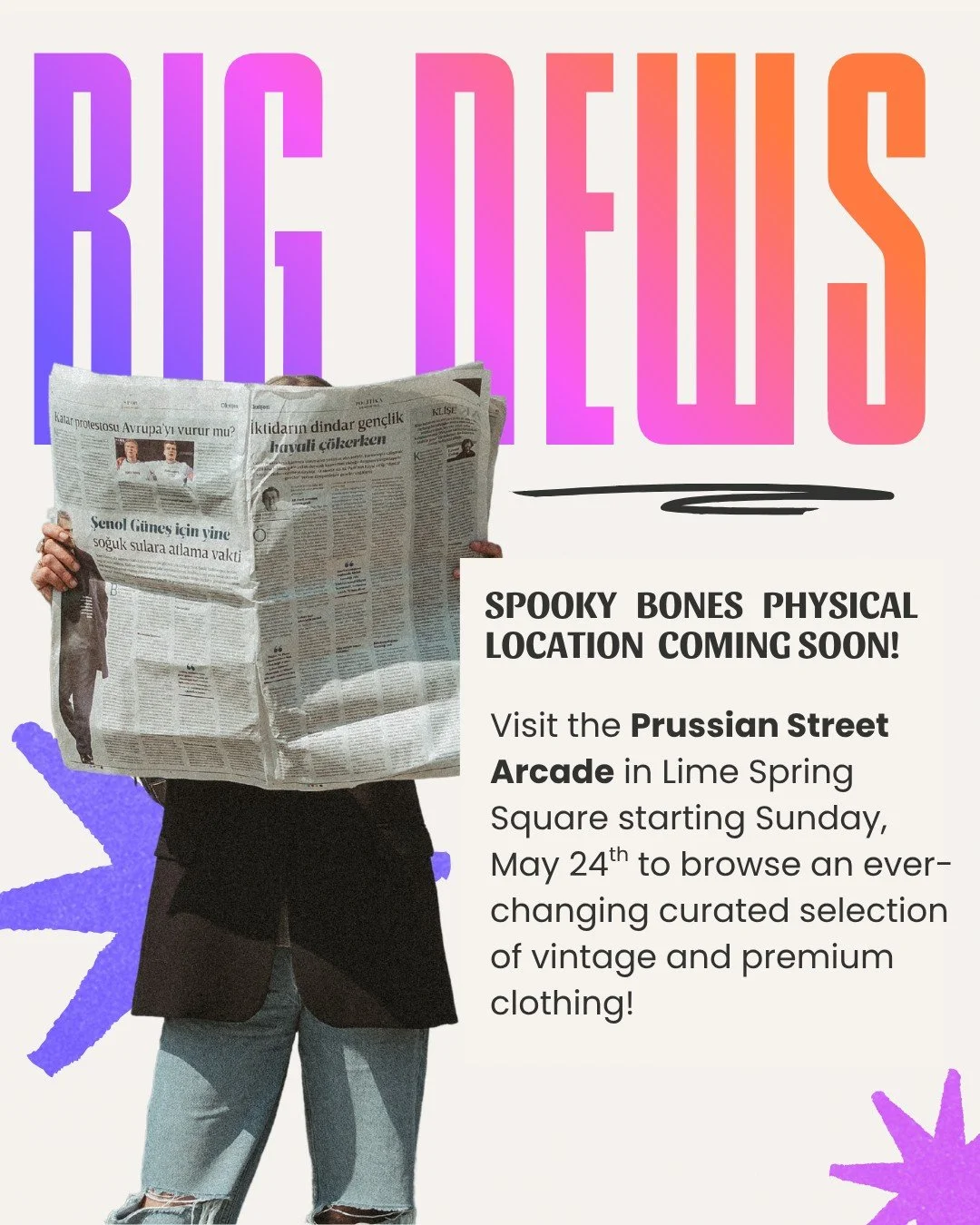 Extra, extra! Read all about it!

I'm excited to share that Spooky Bones Resale will soon have a physical, curated showcase rack at the @prussian_street_arcade Lancaster location in Lime Spring Square!

Beginning Sunday, May 24th I'll be featuring a 