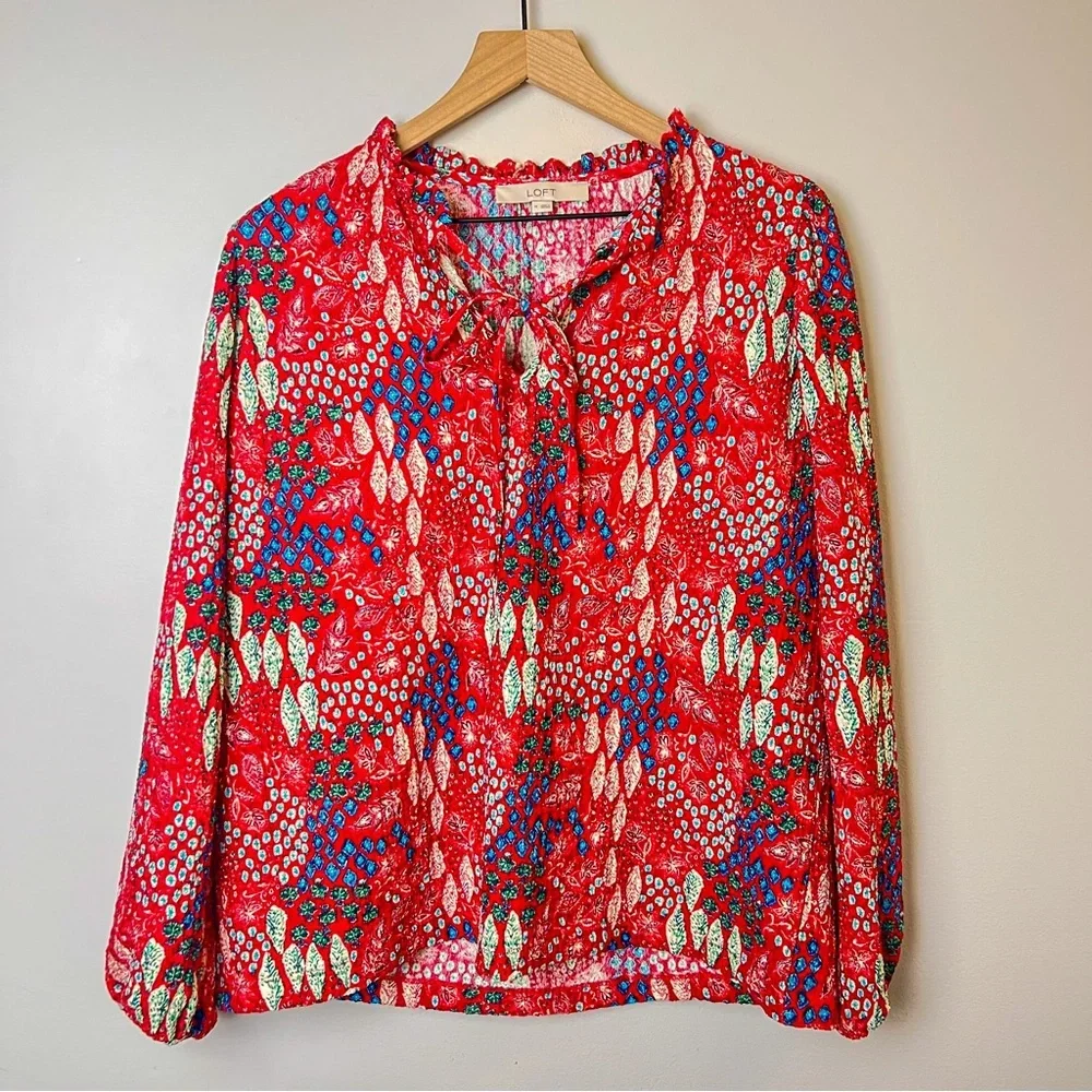 Loft Red Tie-Neck Blouse
