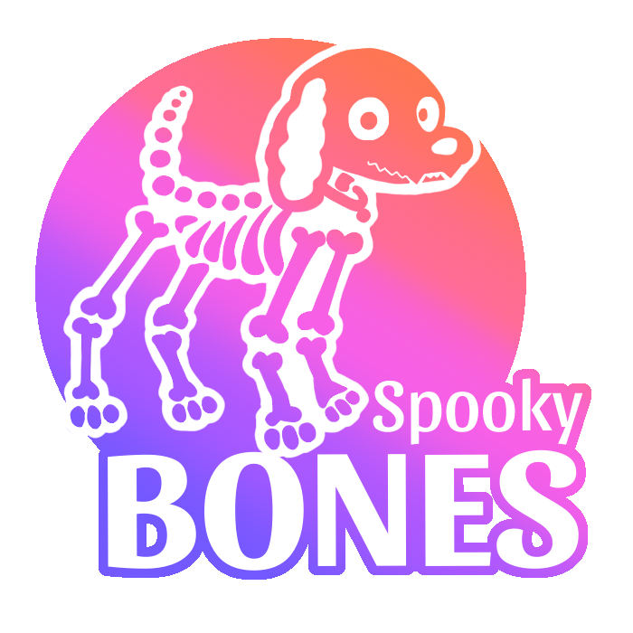 A cartoon dog skeleton with a spooky expression, set against a colorful gradient background, with the text "Spooky BONES" in bold letters.