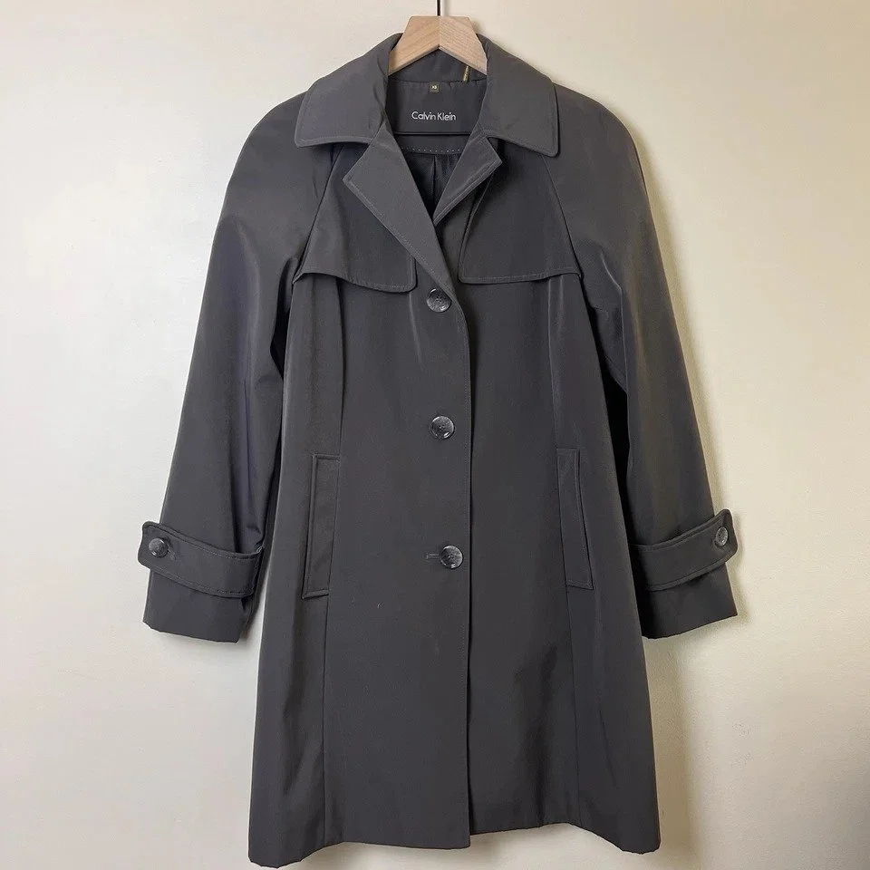 Calvin Klein Long Gray Waterproof Trench Coat | XS
