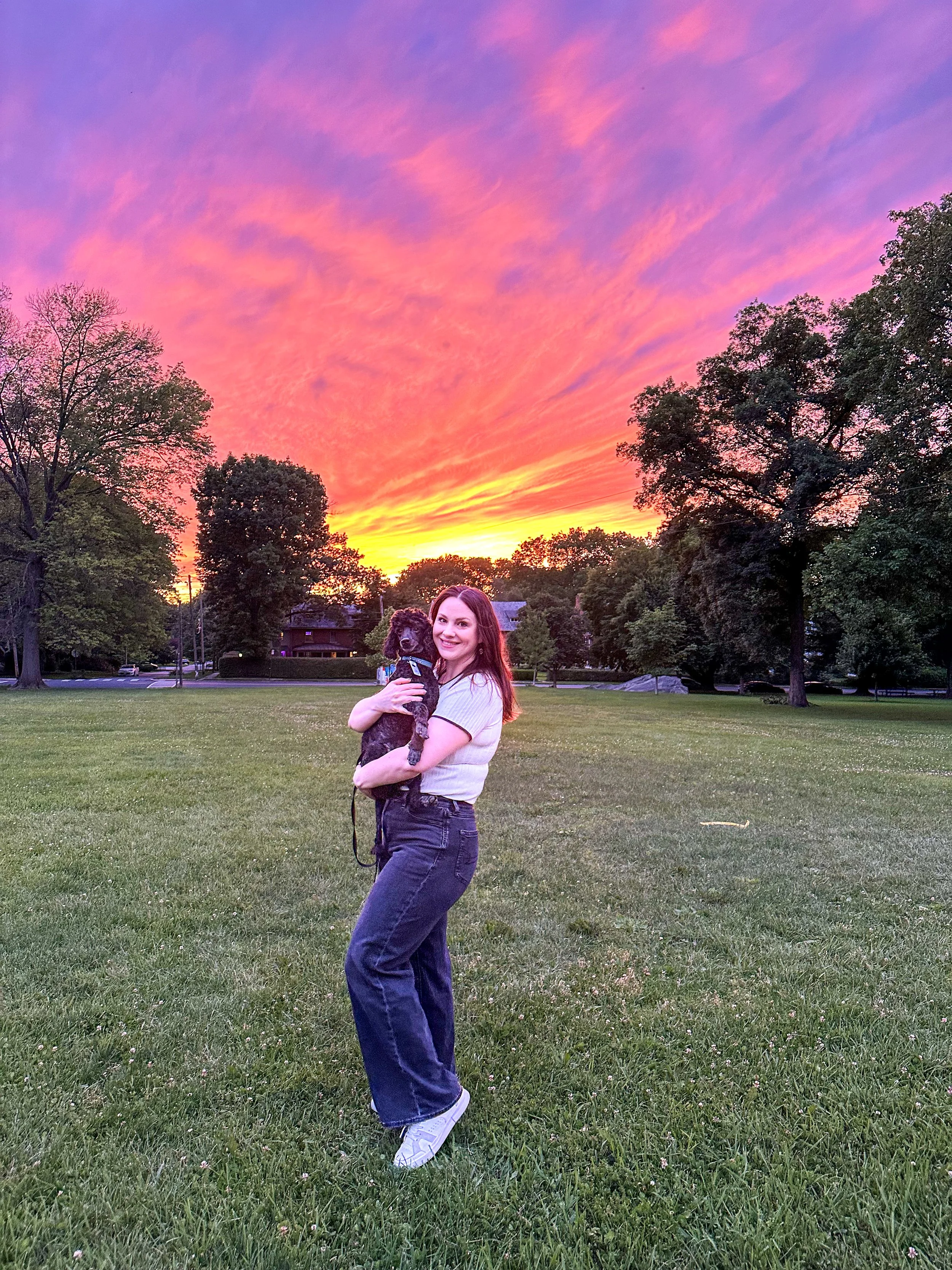A woman holding a small black dog in a park during sunset with vibrant pink, purple, and orange sky and trees in the background.
