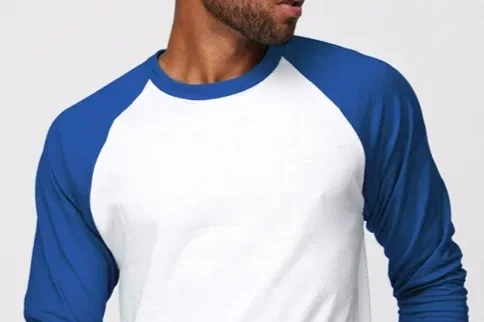 Man in a blue and white raglan shirt