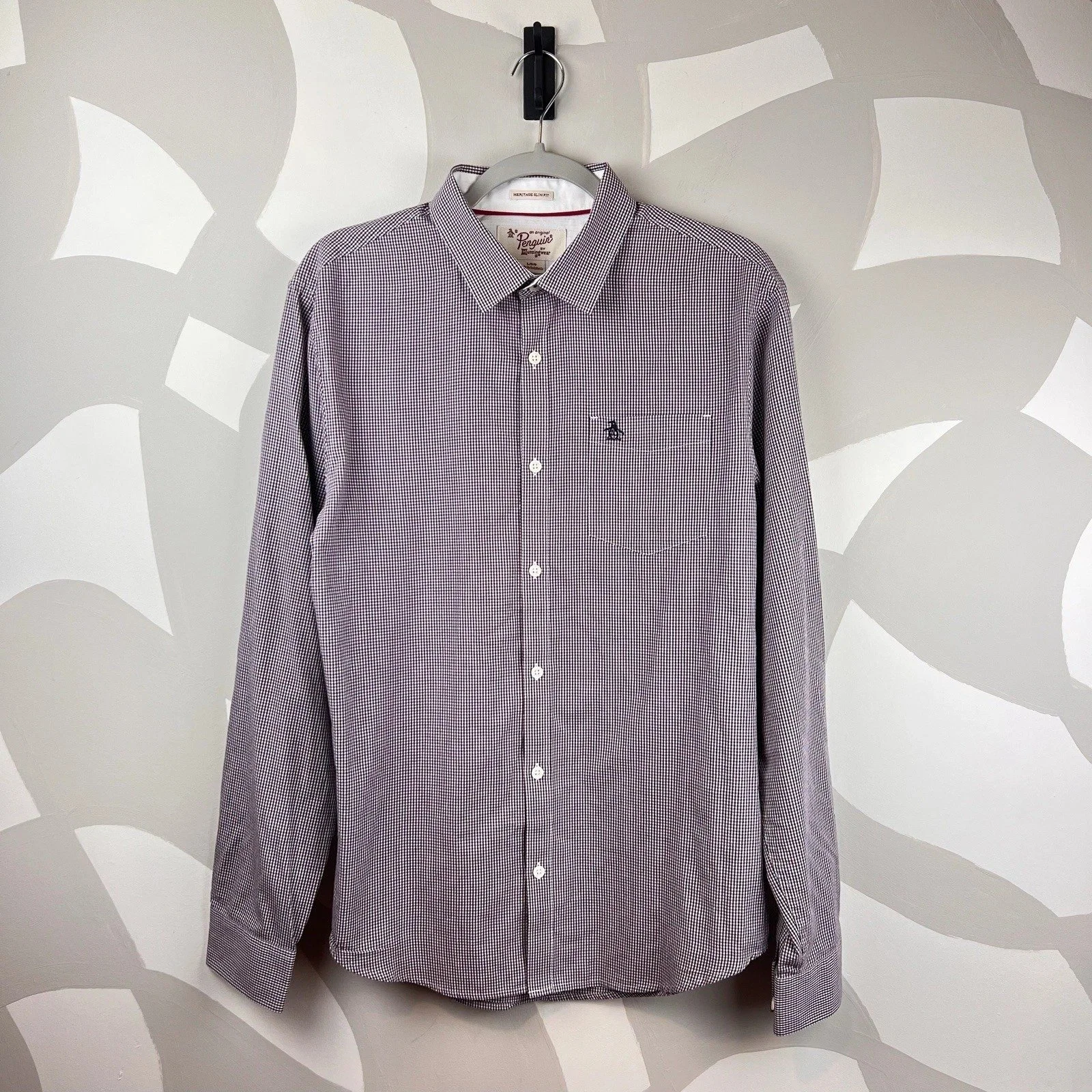 Penguin Heritage Slim Fit Red & Blue Micro Check Long-Sleeve Button Up Shirt | L