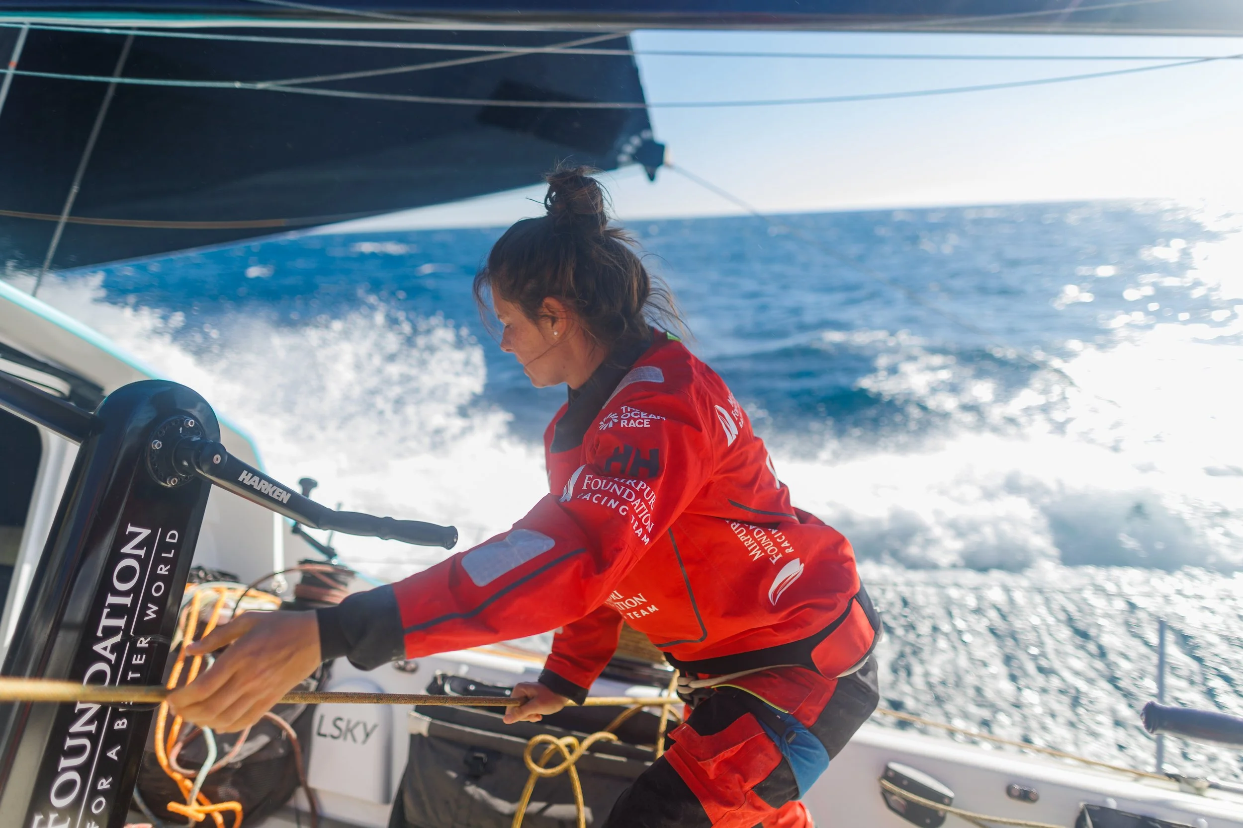 Shooting action onboard Mirpuri Foundation during The Ocean Race.