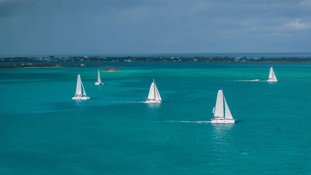 Sky view during the GLY Rally 2026 in Bahamas with Outremer. Drone shot.