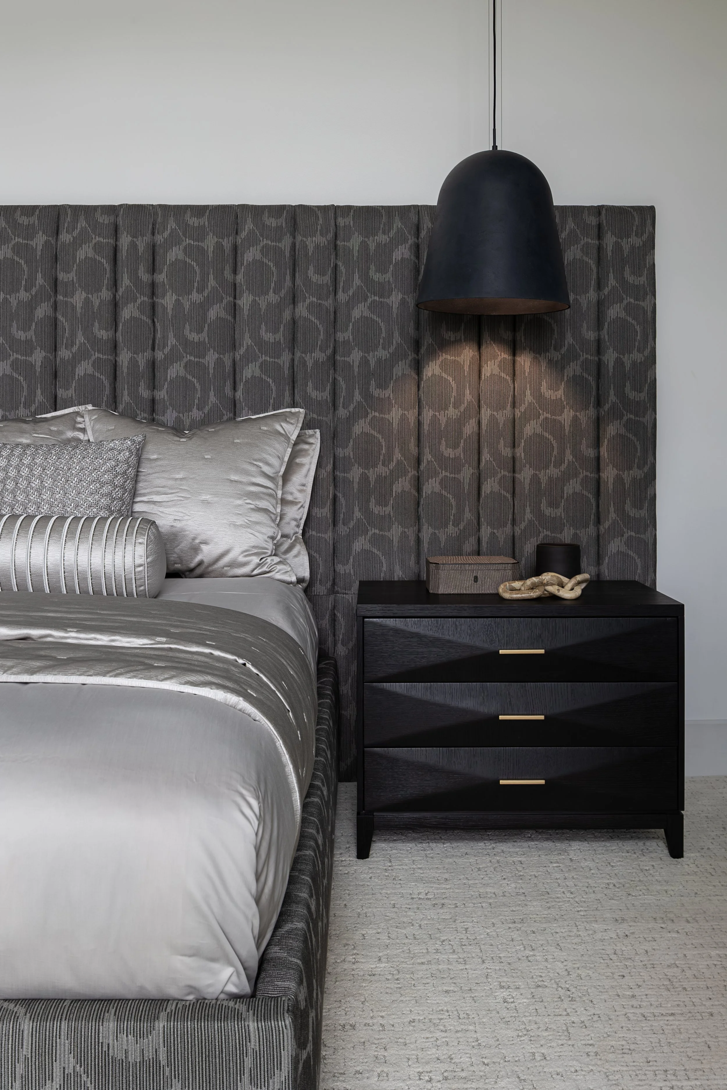 Close up of a Primary Bedroom of a modern condo in Downtown Columbus Ohio showcasing the luxury interior design of Benham + Co Interior Design.