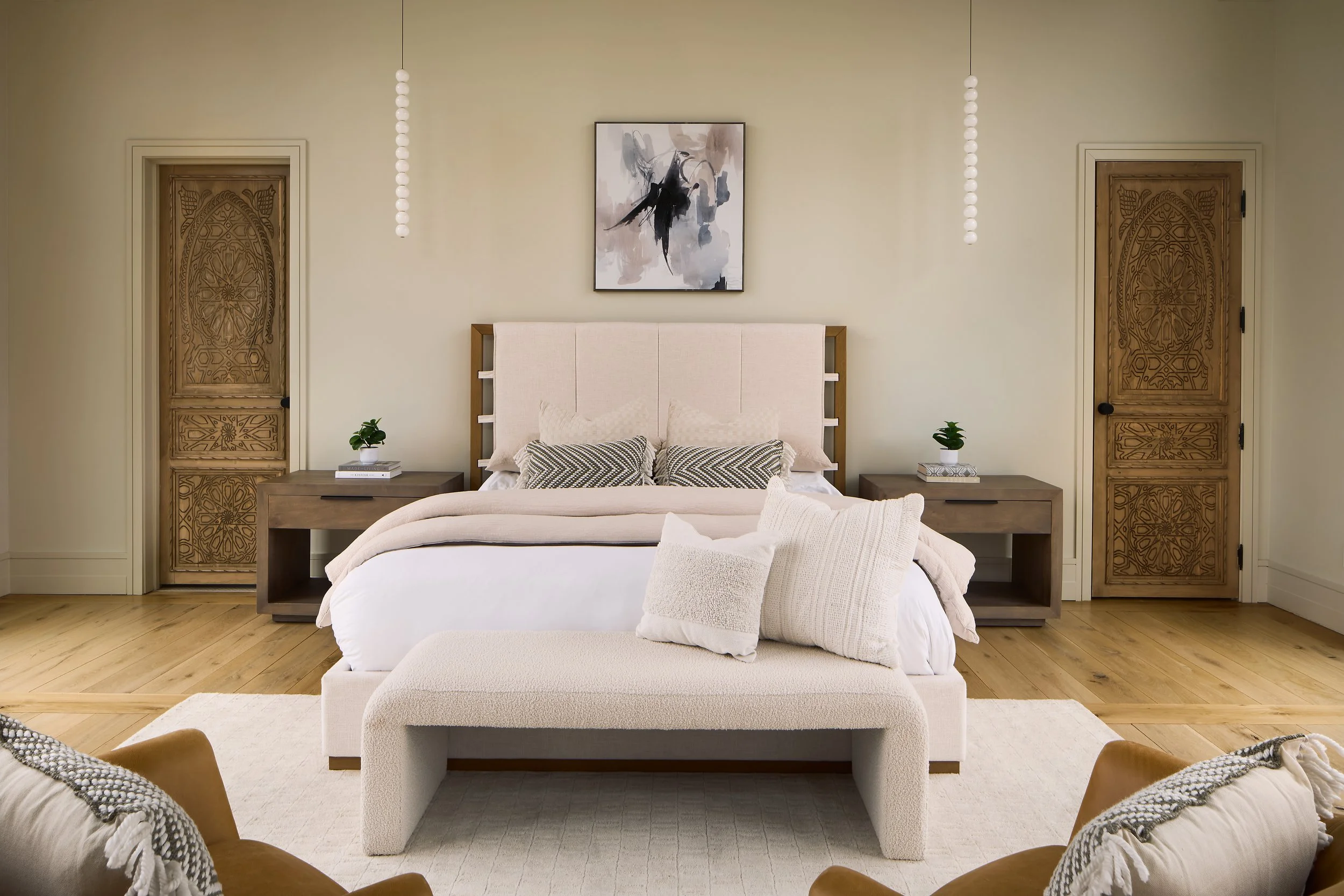 Modern Mediterranean Primary Bedroom with Visual Comfort Lighting located in Powell, Columbus, Ohio. Luxury Interior Design at it Best. 