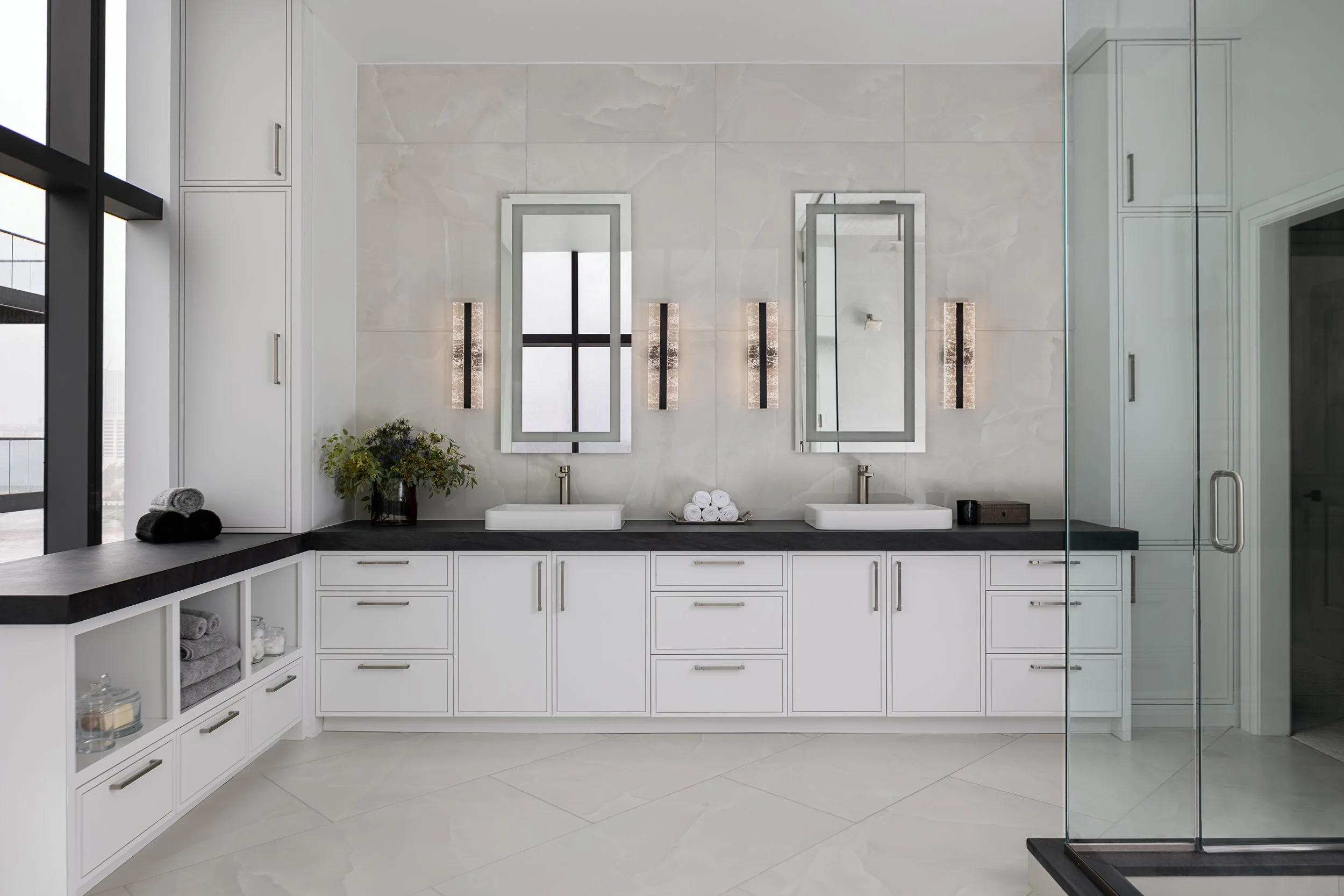 Bathroom of a modern condo in Downtown Columbus Ohio showcasing the luxury interior design of Benham + Co Interior Design.