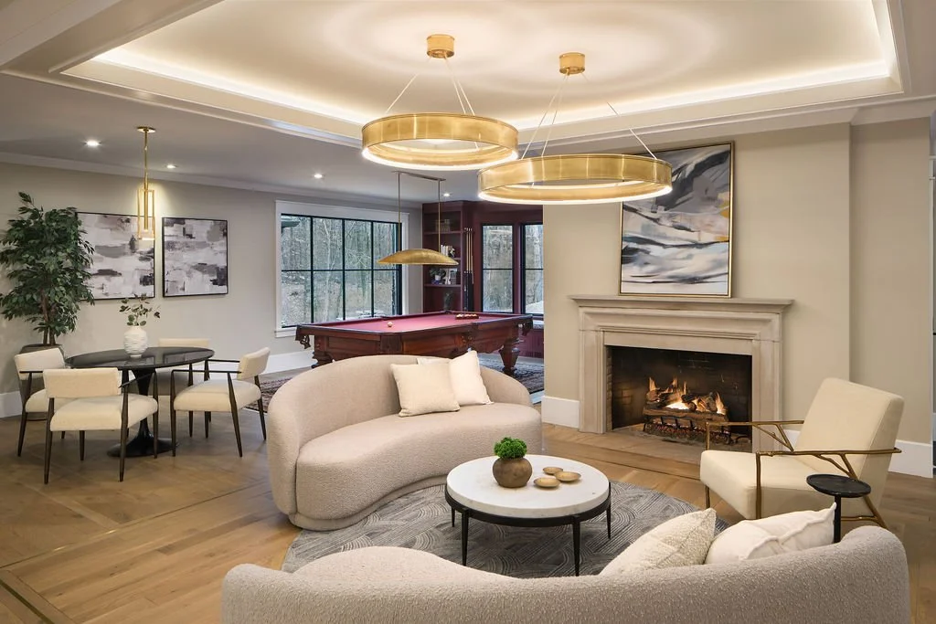 This custom living and entertainment space by Benham & Co Interior Design, a leading Columbus Ohio interior designer, showcases a refined approach to luxury residential interior design in Westerville, Ohio. Designed for both relaxation and entertaini