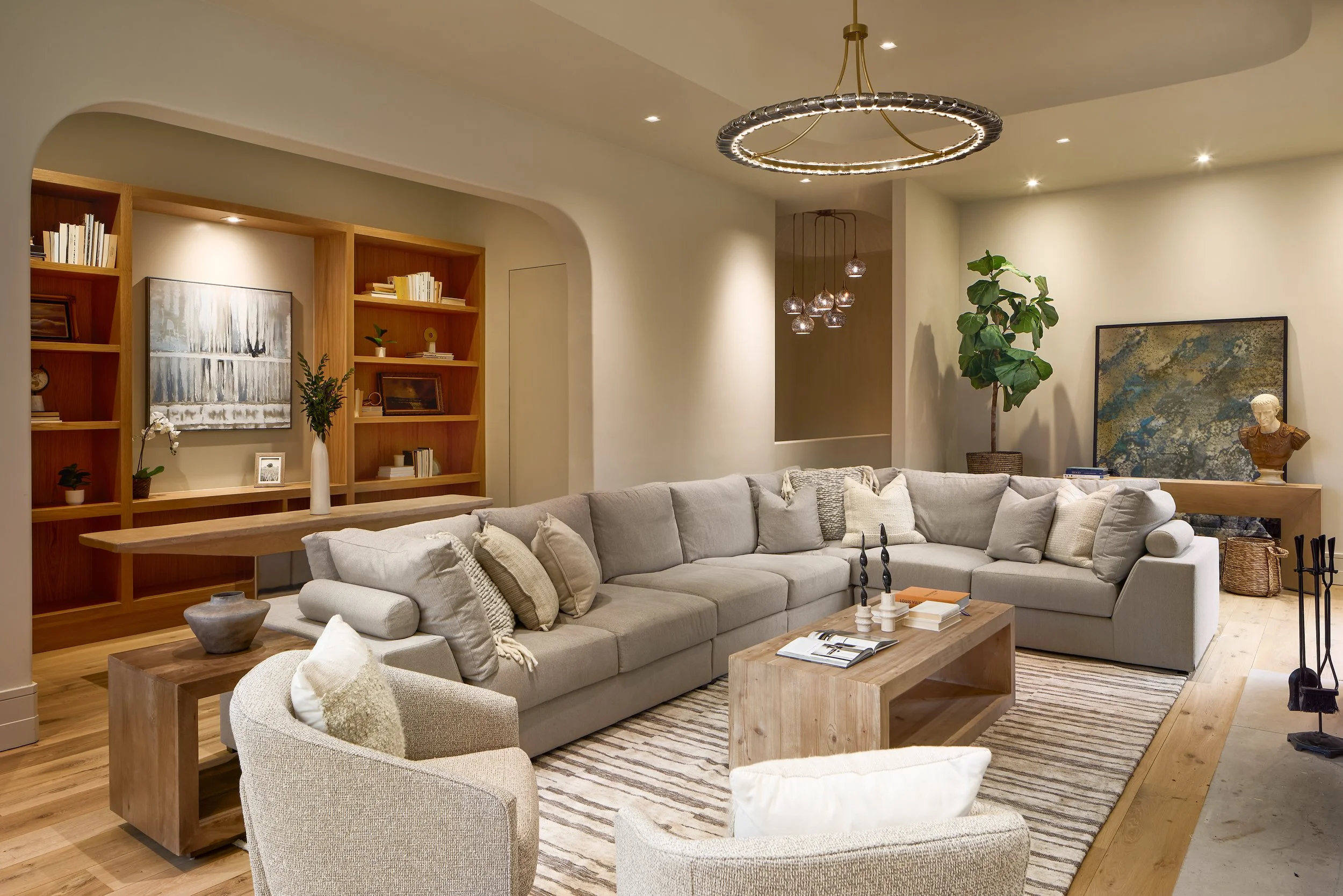 Modern Mediterranean family room and library located in Powell, Columbus, Ohio. Luxury Interior Design at it Best. 