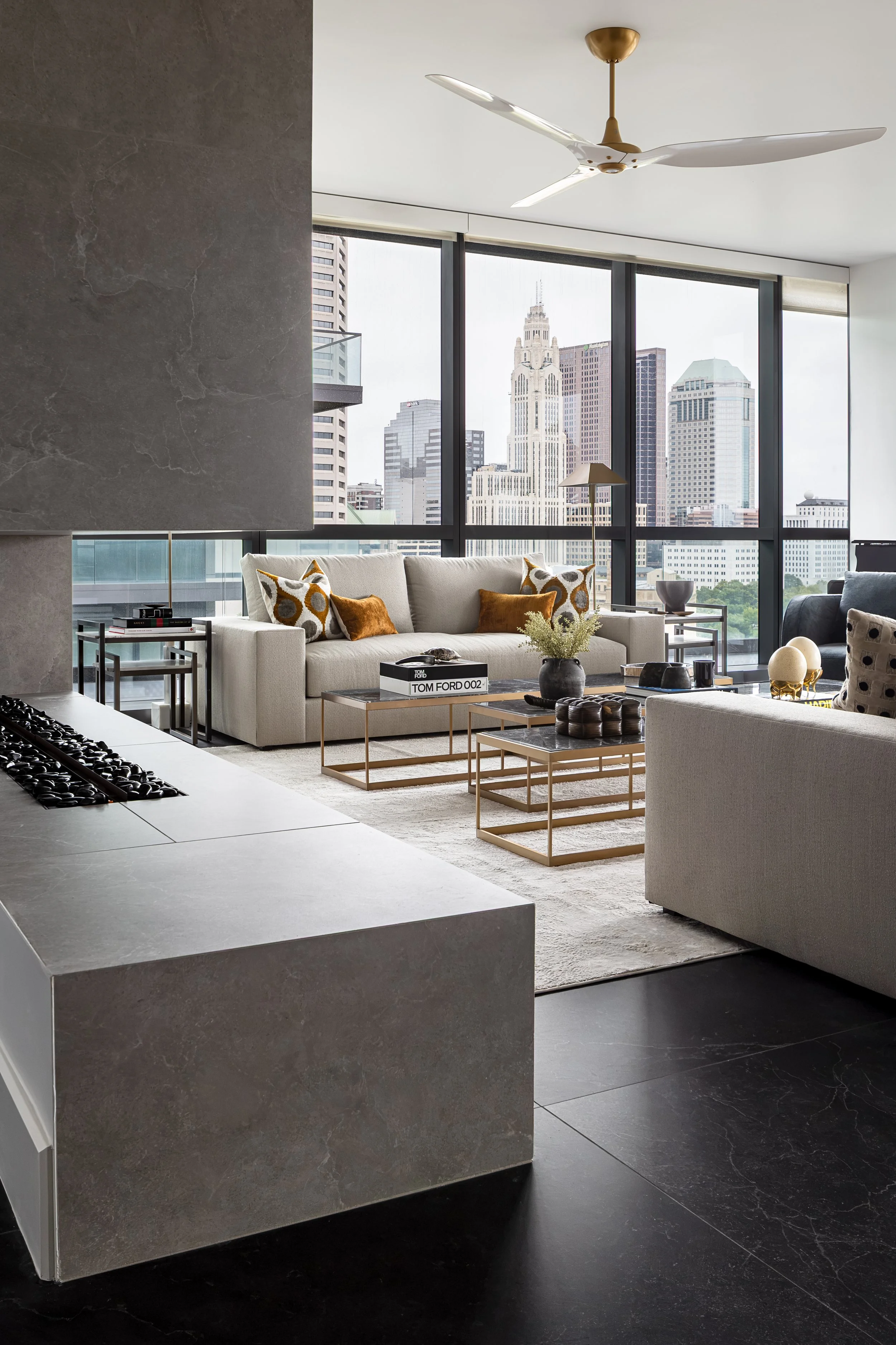 Living Room of a modern condo in Downtown Columbus Ohio showcasing the luxury interior design of Benham + Co Interior Design.