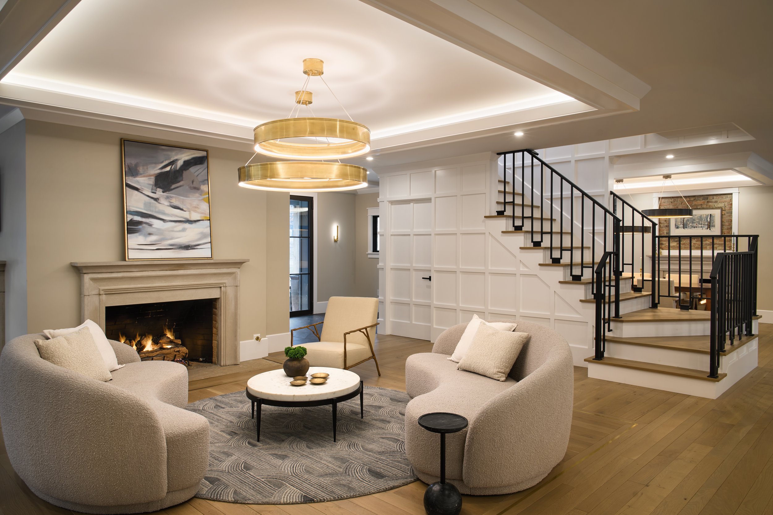 This custom living and entertainment space by Benham & Co Interior Design, a leading Columbus Ohio interior designer, showcases a refined approach to luxury residential interior design in Westerville, Ohio. Designed for both relaxation and entertaini