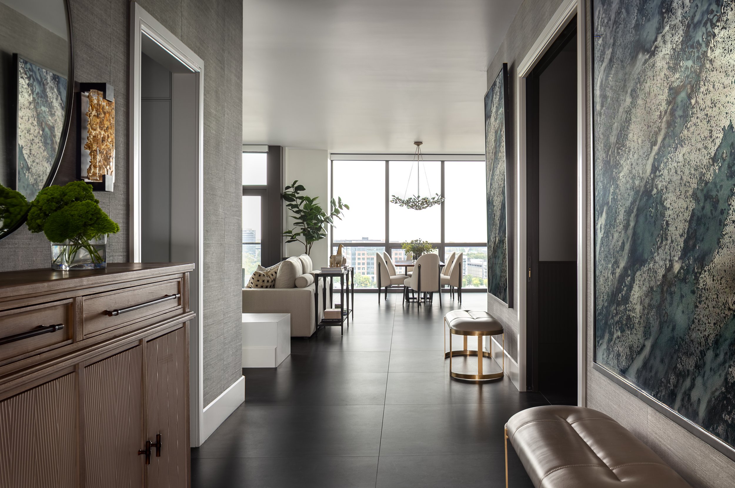 Entry hall to a modern condo in Downtown Columbus Ohio showcasing the luxury interior design of Benham + Co Interior Design.