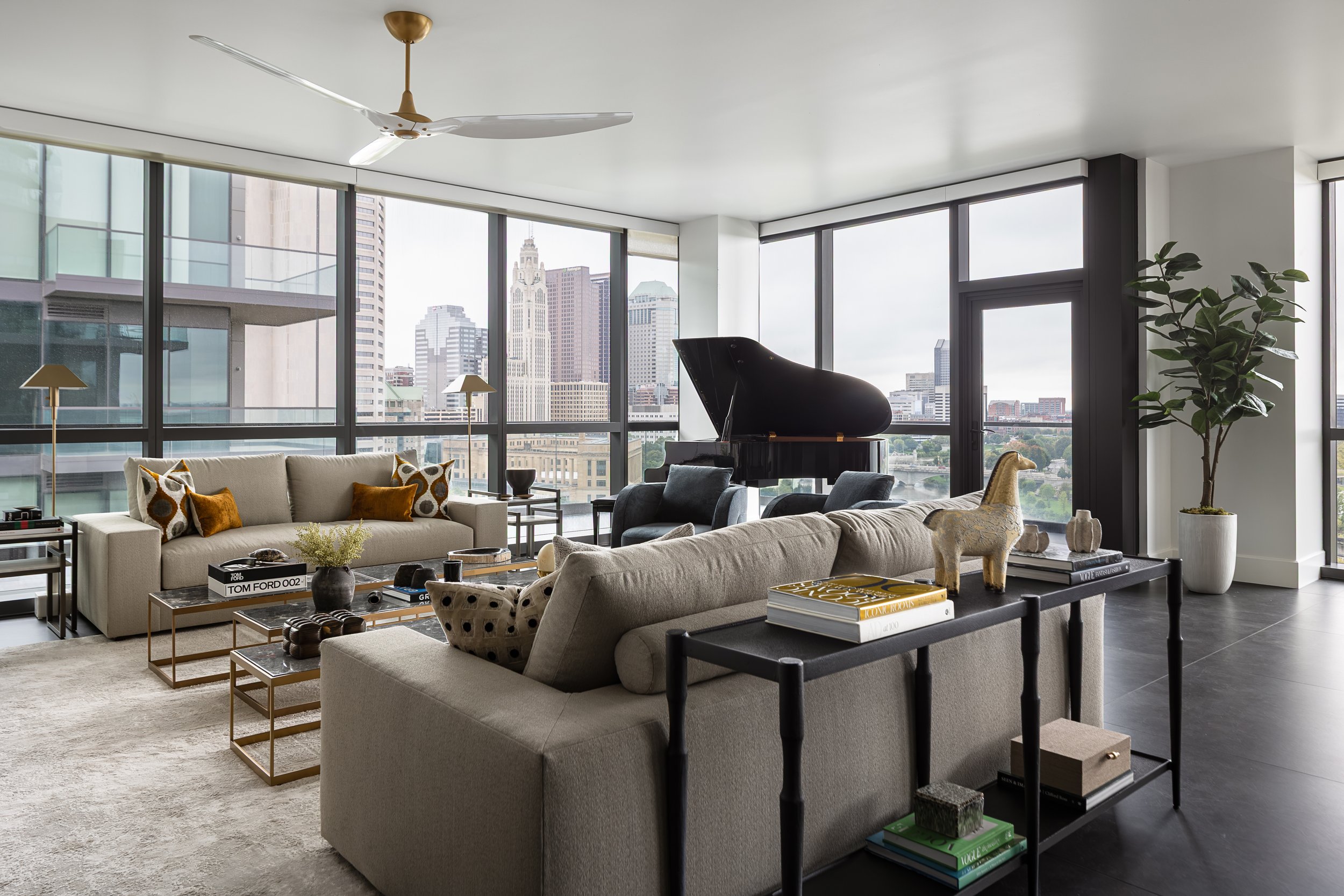 Living Room of a modern condo in Downtown Columbus Ohio showcasing the luxury interior design of Benham + Co Interior Design.
